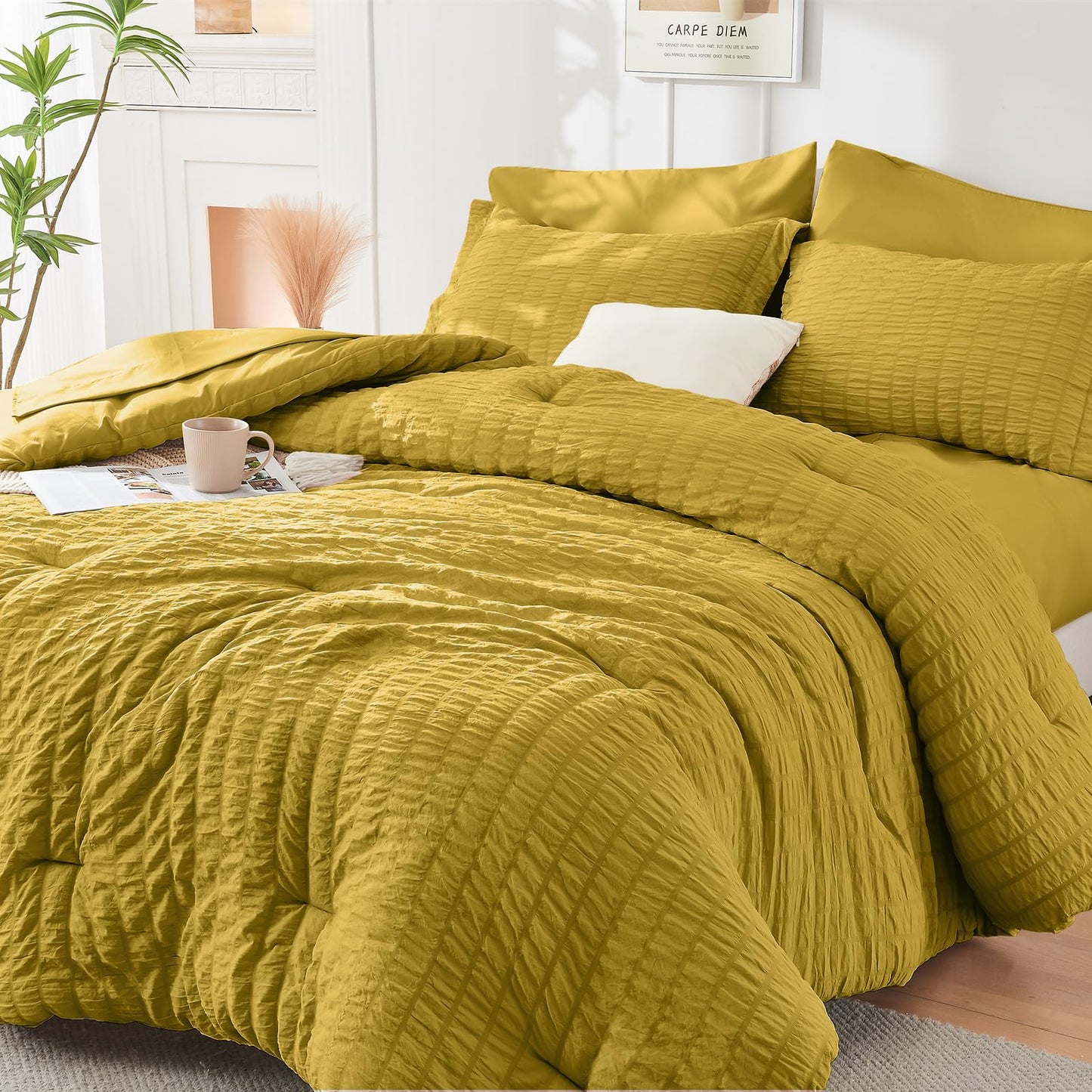 HYMOKEGE Mustard Yellow Twin Comforter Set Seersucker 5 Pieces, All Season Luxury Bed in a Bag for Bedroom, Bedding Set with Comforter, Sheets, Pillowcase & Sham