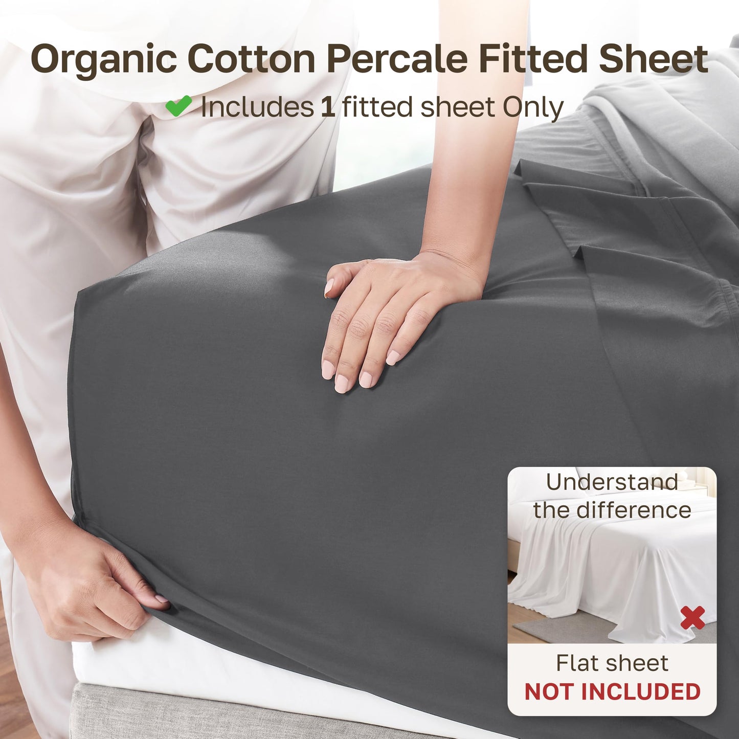 California Design Den 100% Organic Cotton Fitted Sheet Queen Size Only - Soft and Crisp Percale, Lightweight and Snug-Fit, Queen Deep Pocket Fitted Sheet, Durable - Grey