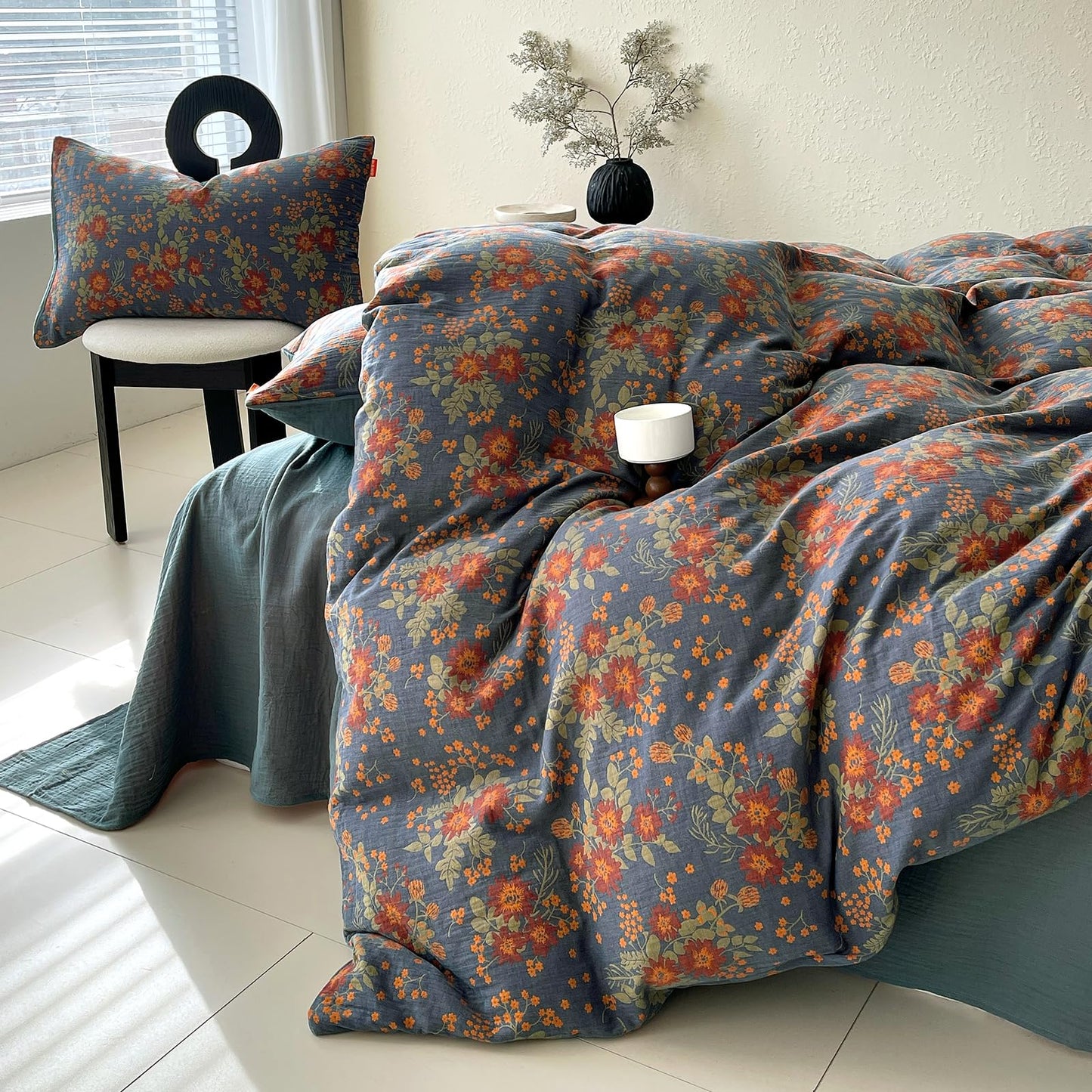 VM VOUGEMARKET Rustic Double Layer Gauze Jacquard Duvet Cover Queen, Dusty Slate Blue with Retro Orange Floral Print, Soft Breathable Boho Comforter Cover with Zipper&Ties