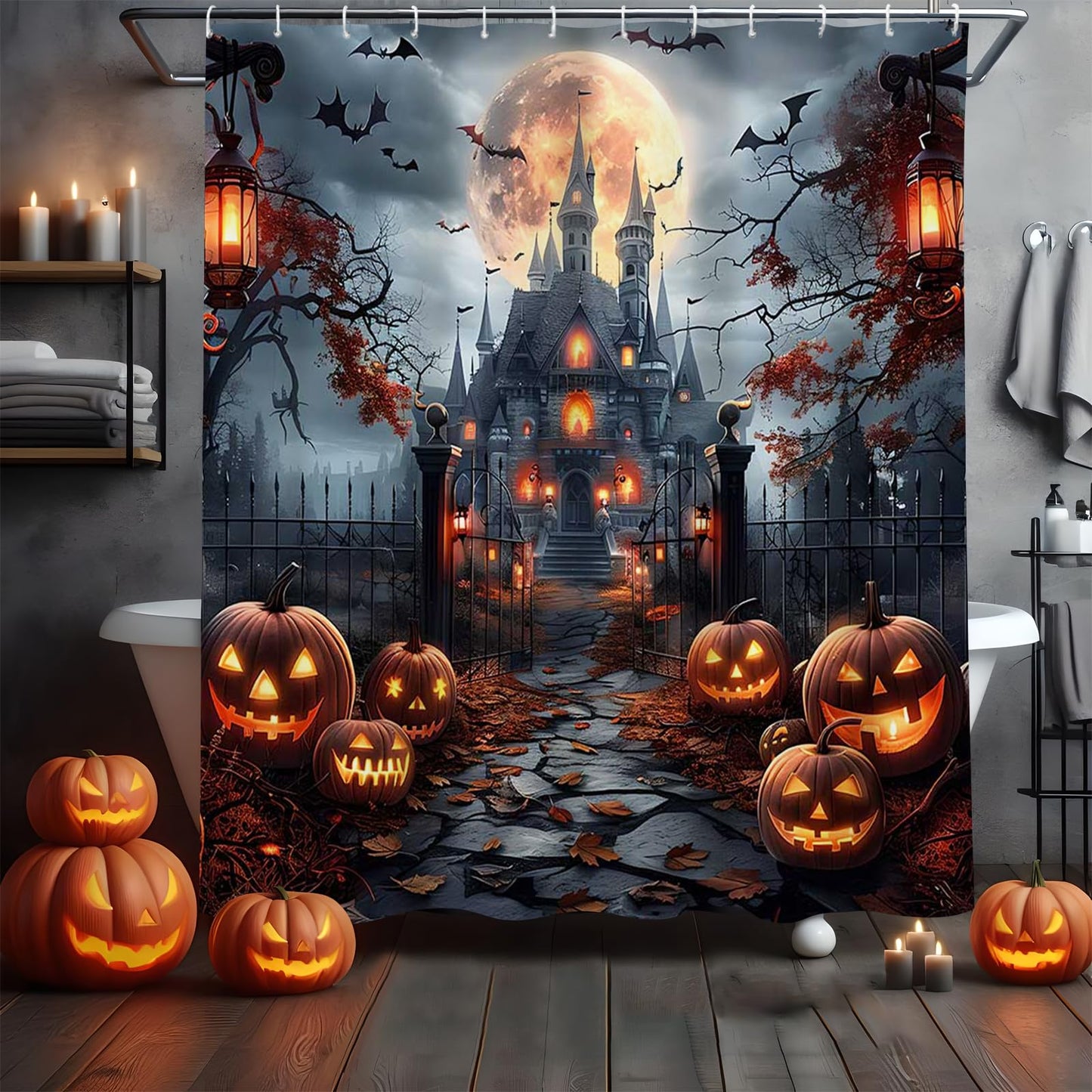 MEHOFOND Halloween Shower Curtain Scary Haunted House Evil Pumpkin Shower Curtains for Bathroom Scary Castle Horror Pumpkin Lantern Spooky Full Moon Night Gothic Dead Tree Bathroom Decor 72Wx72H Inch