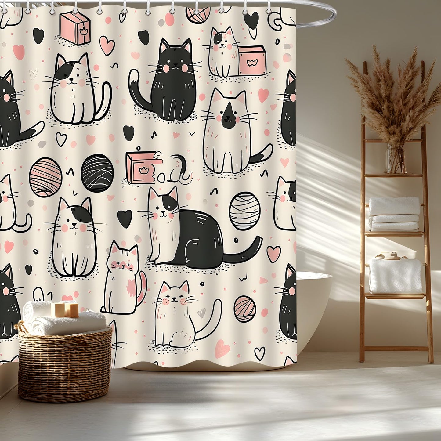 YOZSLGU Funny Abstract Cat Shower Curtain Cute Kitty Kitten Cartoon Fabric Bathroom Decor Curtains Set with Hooks, 70" Wx70 H