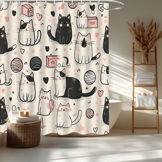 YOZSLGU Funny Abstract Cat Shower Curtain Cute Kitty Kitten Cartoon Fabric Bathroom Decor Curtains Set with Hooks, 70" Wx70 H