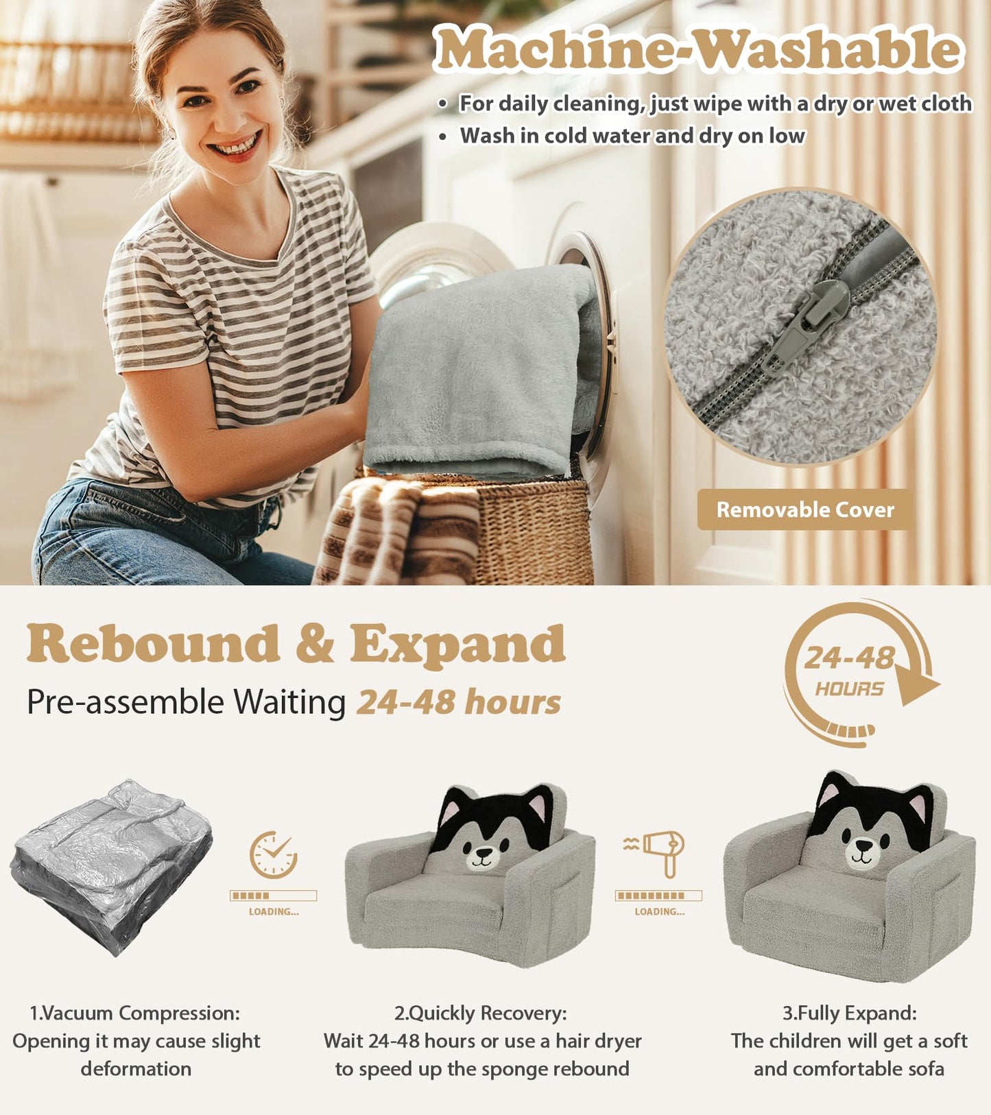 Foryoomi Upgraded Kids Couch, 2-in-1 Soft Top-Flip Fold Out with Blanket, Comfy Convertible Plush Sofa Chair, Great Gifts for Little Ones, Husky