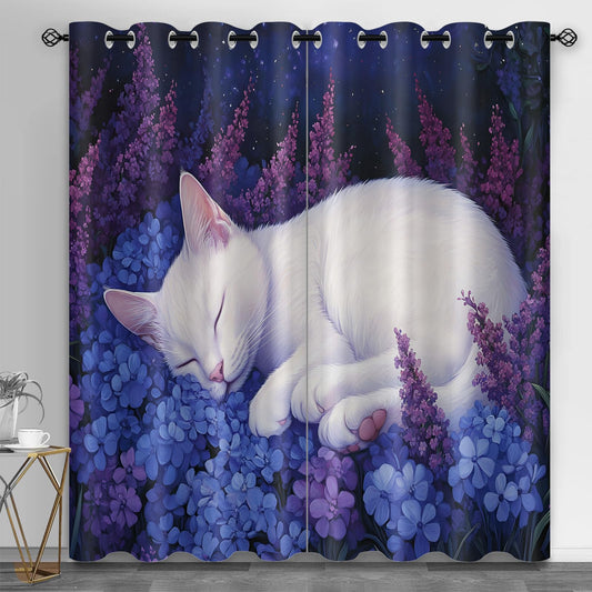 MPUTIE Cat Blackout Curtains 63 inch Length, Floral Cat Window Treatments for Bedroom, Grommet Curtains for Kitchen, Hydrangea Window Drapes, Animal Room Decor, 2 Panels
