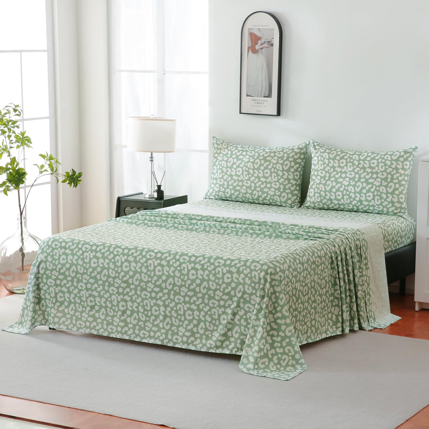 Yibeizi Sage Green Cheetah Print Sheets Set Deep Pocket Queen Size Bed Sheets Set, Leopard Printed Soft Microfiber Oeko-Tex Sheets & Pillowcases Hypoallergenic Wrinkle Free Bedsheets