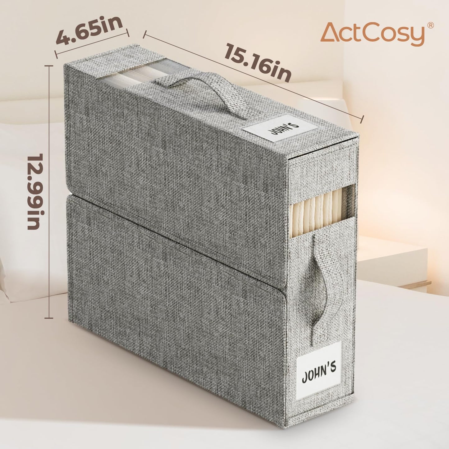 ActCosy 8Pack Sheet Organizers and Storage with Handles – Foldable Linen Closet Storage for King & Queen Sheet Sets – Clear Window & Removable Labels – Dustproof & Space-Saving Design, 8Pack, Grey