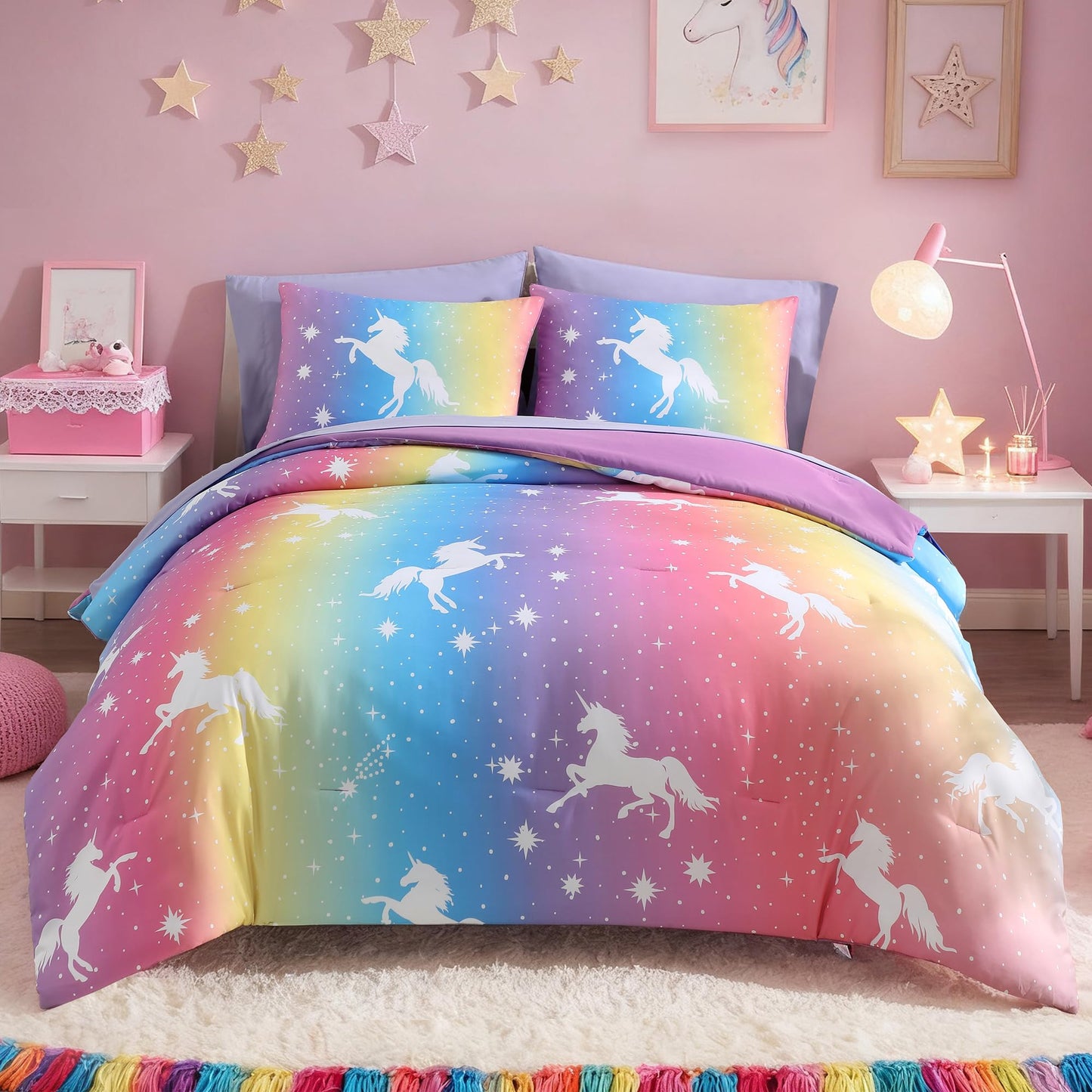 Kaleido Space Twin Comforter Set for Girls, Kids - 5 Pieces Rainbow Unicorn Patterns Twin Bedding Sets for Girls Teen, Soft Cozy Bed in A Bag with Sheets