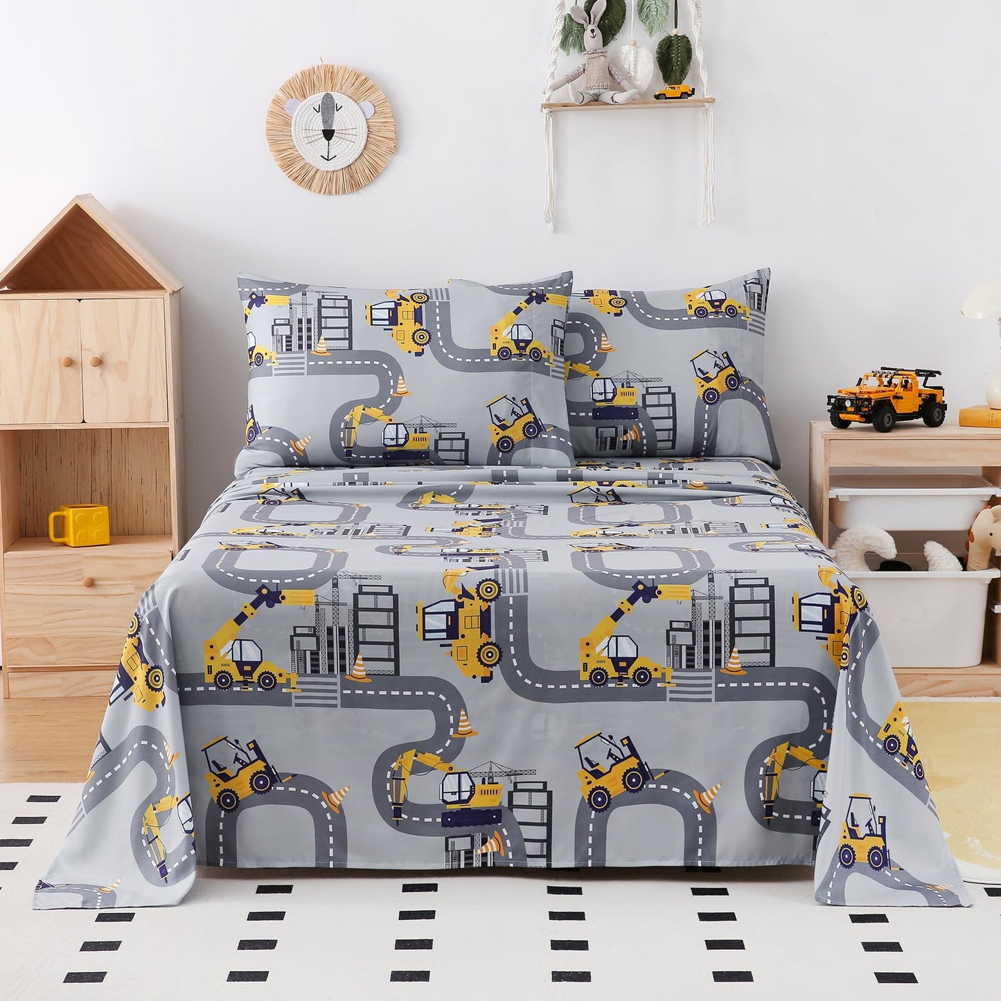 Yibeizi Twin Sheets Set Kids, Grey Truck Pattern Microfiber Single Bed Sheets, Cute Soft Oeko-Tex Extra Deep Pocket Sheets & Pillowcases Cooling Hypoallergenic Wrinkle Free Bedsheets