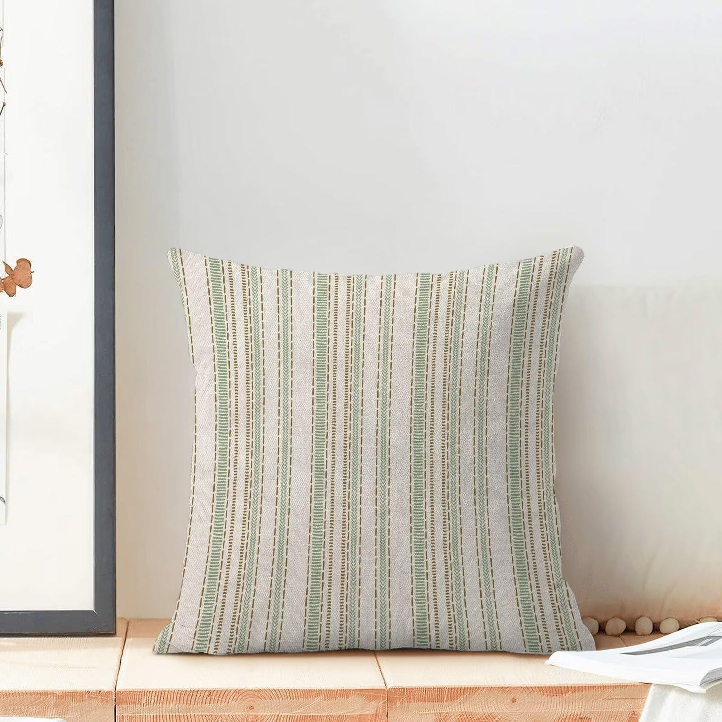 Boho Mid Century Stripe Pillow Covers 18x18 Inch Set of 2, Abstract Brown Green Stripe Decorative Throw Pillowcase Boho line Outdoor farmhouse Cushion Cover for Sofa Couch Bed Living Room Decor