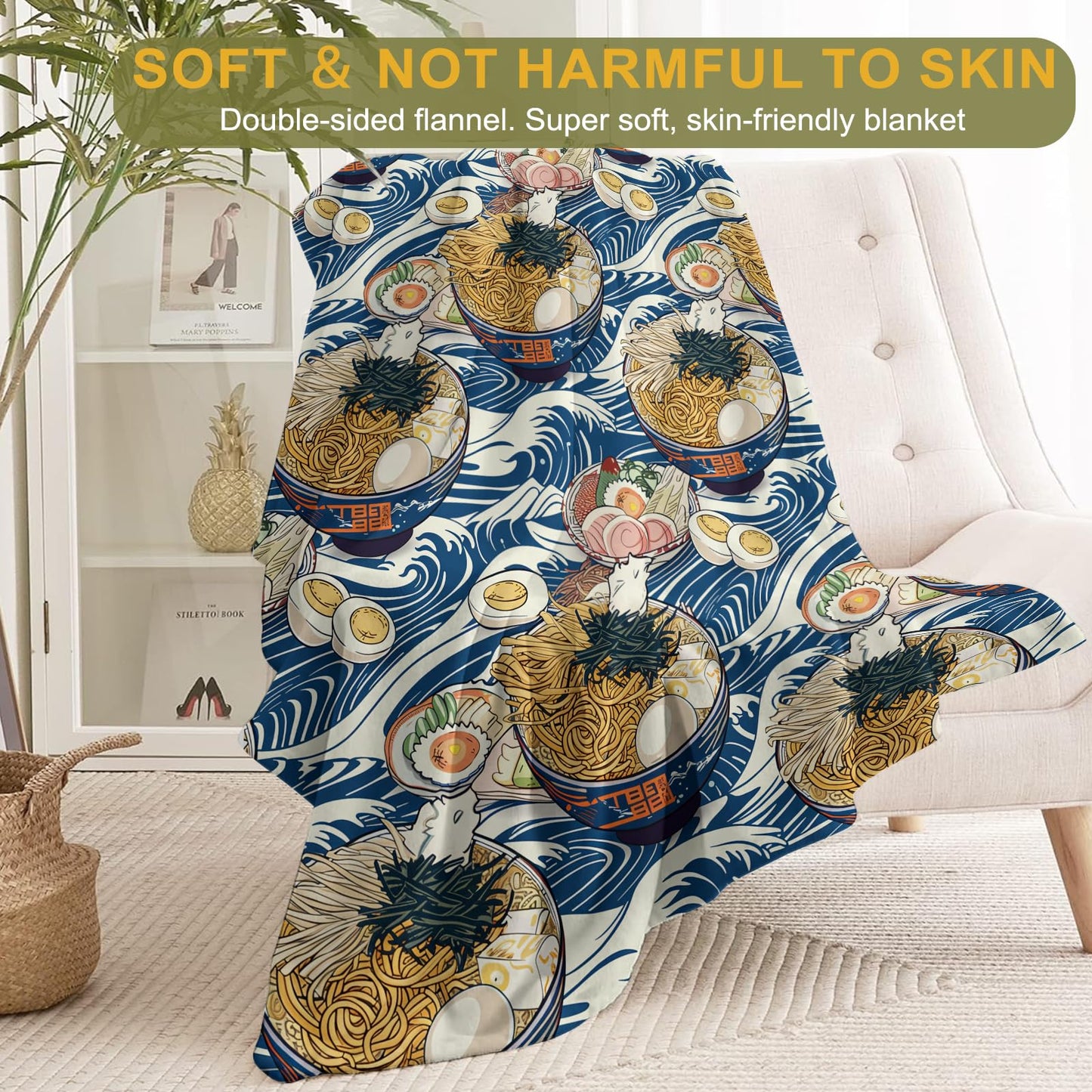 ainori Ramen Throw Blanket 50x60 in, Delicious Noodle Blue Waves Pattern Blankets for Couch Bedroom Living Room Indoor Decor, Lightweight Soft Cozy Bedding Birthday Gift for Kids Boys Adults