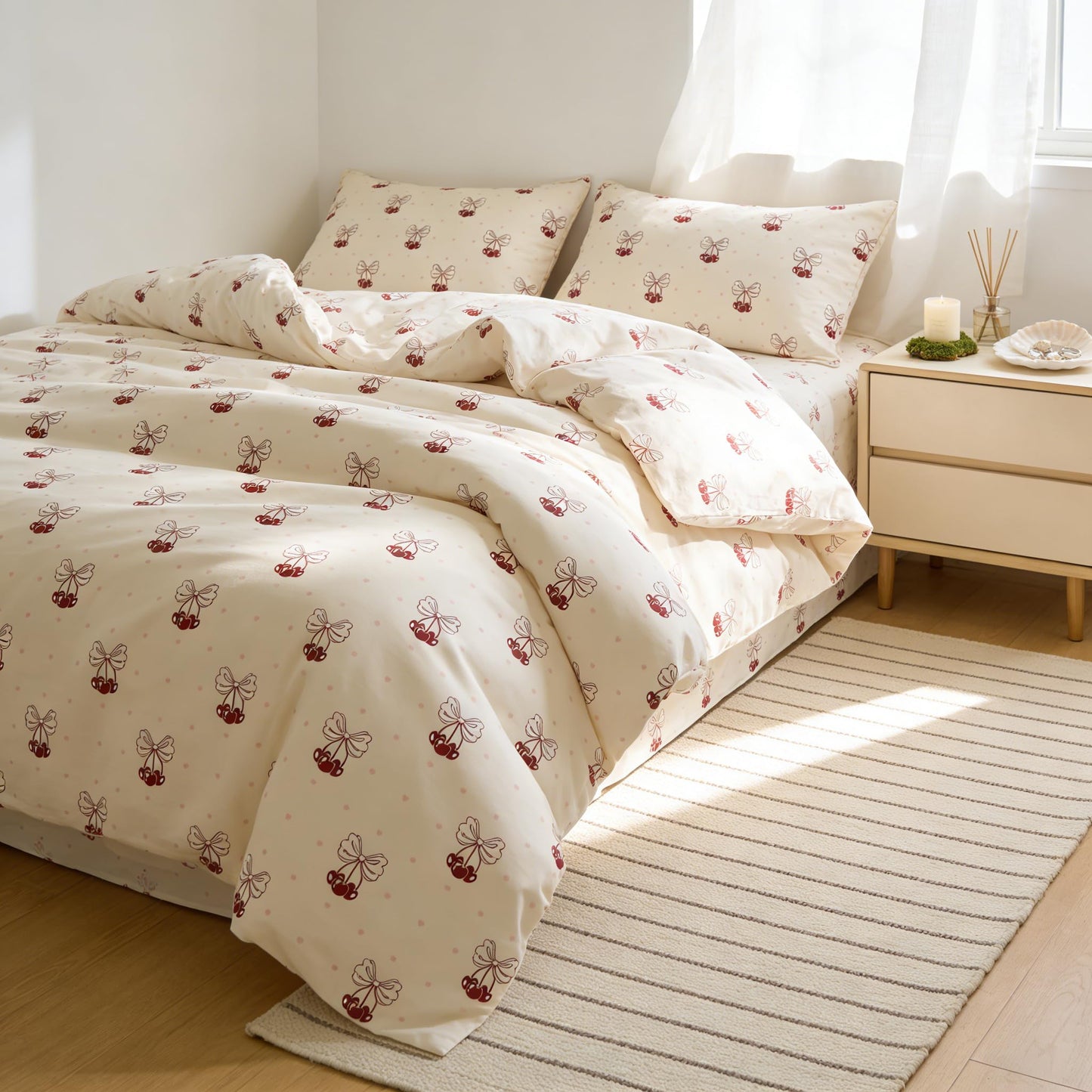 Sedefen Red Cherry Duvet Cover Queen Size Bow Duvet Cover Set Kids Boys Girls Cute Cartoon Bowknot Love Pattern Reversible Soft Breathable Bedding Set 3 Pieces with 2 Pillowcases