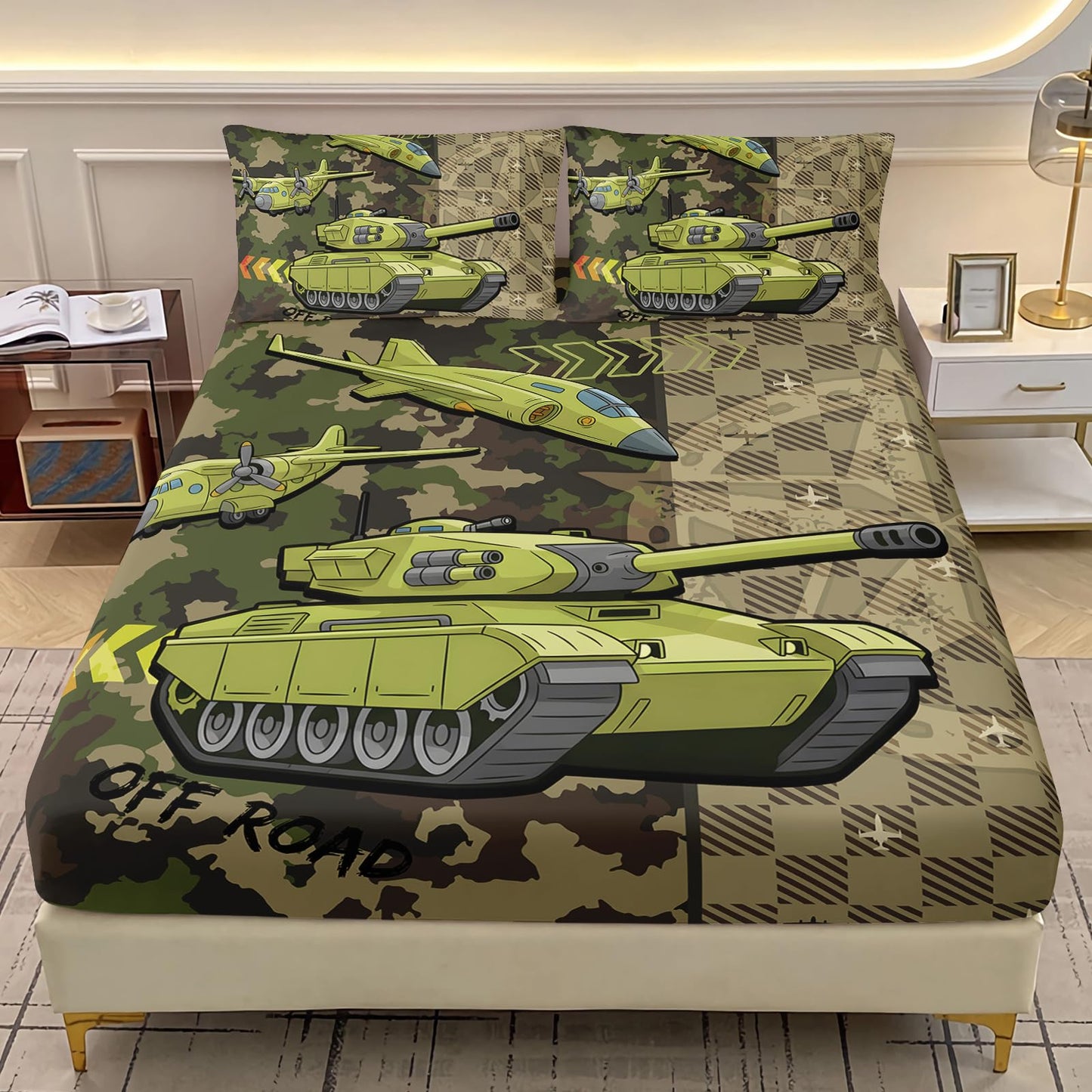 AILONEN Military Tank Camo Fitted Sheet Twin XL Size - 3 Piece Camouflage Army Green Bedding Deep Pocket & 2 Pillowcases - Boys Kids Sheets Room Decor