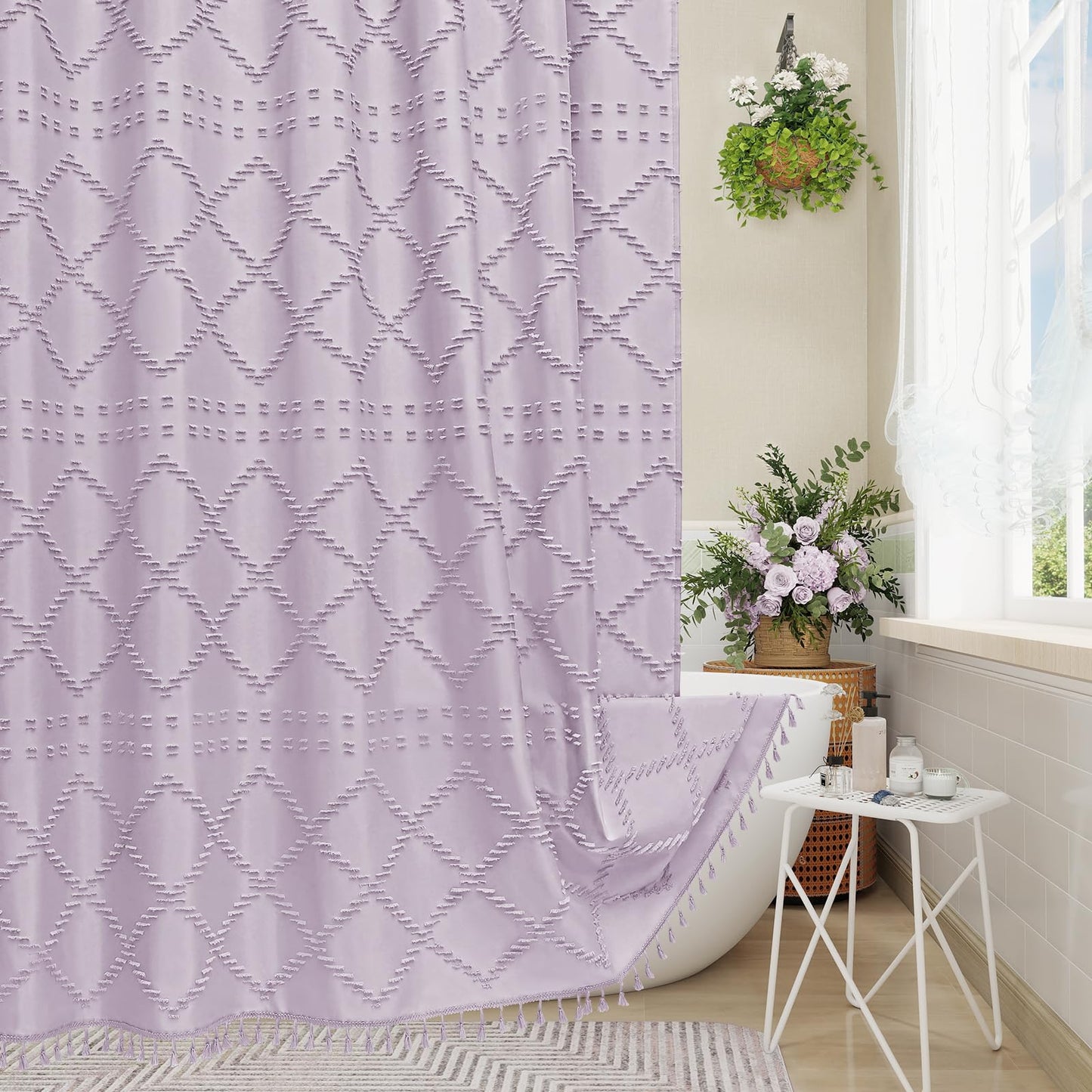 Craidlela Boho Lavender Woven Fabric Shower Curtain with Tassel 72 x 72, Bohemia Tufted Chevron Striped Chic Textured, Waterproof Modern Farmhouse Minimalist Purple Cloth Curtain for Bathroom