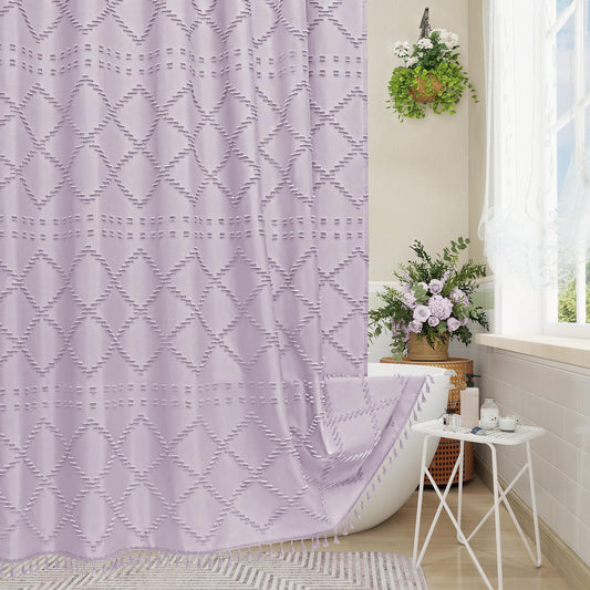 Craidlela Boho Lavender Woven Fabric Shower Curtain with Tassel 72 x 72, Bohemia Tufted Chevron Striped Chic Textured, Waterproof Modern Farmhouse Minimalist Purple Cloth Curtain for Bathroom