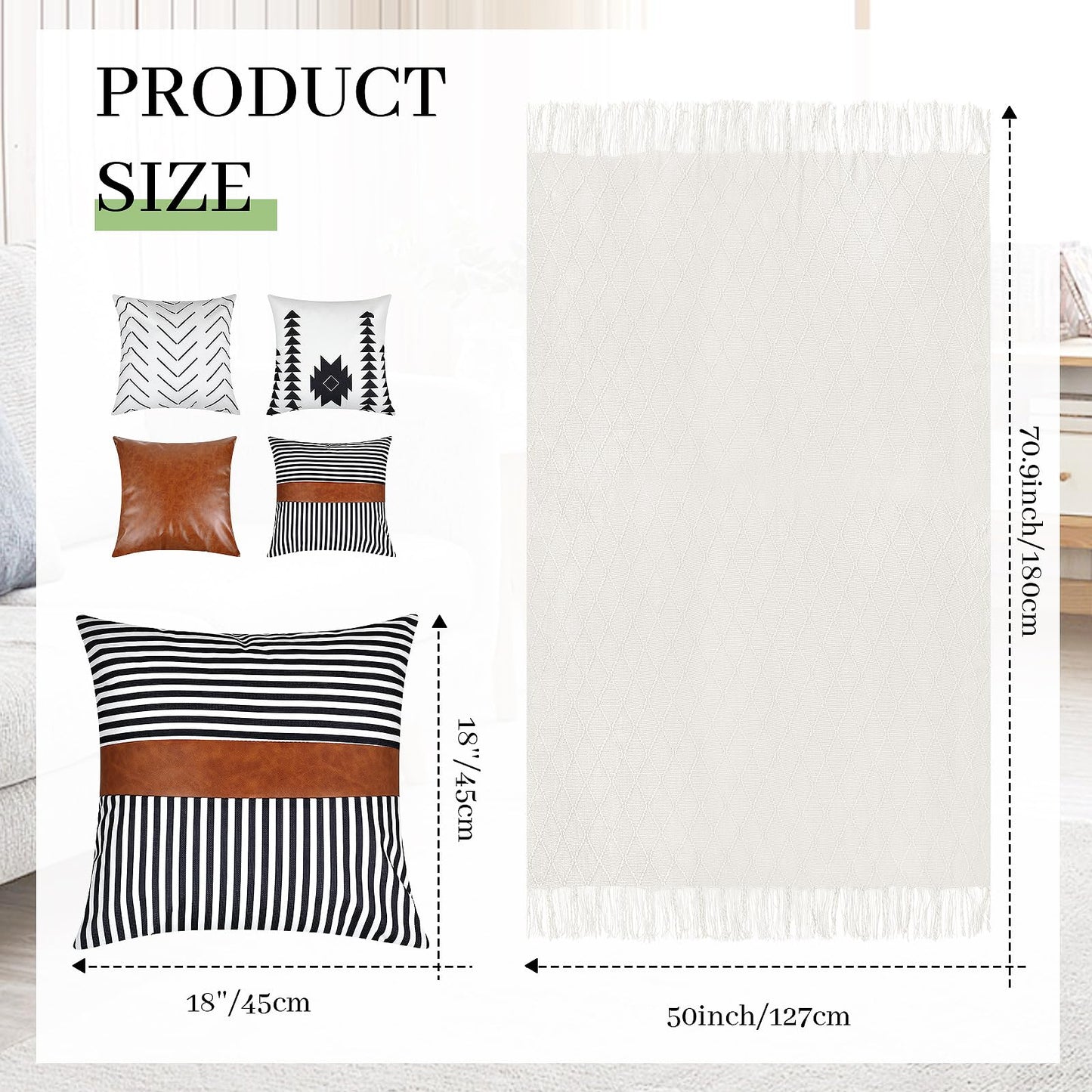 Mixweer Boho Throw Blanket and Pillow Cover Set, Beige Knitted Throw Blanket and Linen Pillow Cover Soft Sofa Couch Cushion for Home Farmhouse Sofa Bed Holiday Decoration