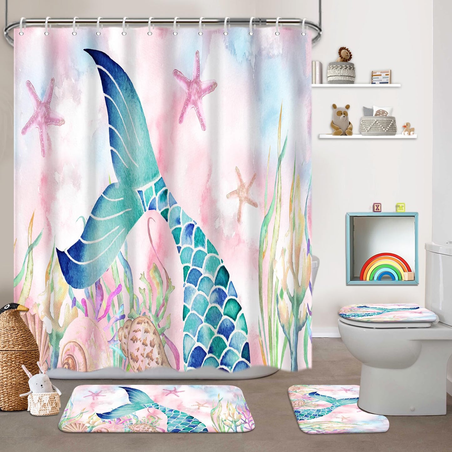 KINUUIS 4 Pcs Mermaid Bathroom Set Pink Shower Curtain Sets with Non-Slip Rugs Toilet Lid Cover and Bath Mat Set, Kids Girl Bathroom Decor with 12 Hooks