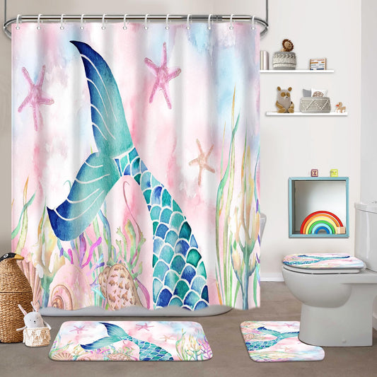 KINUUIS 4 Pcs Mermaid Bathroom Set Pink Shower Curtain Sets with Non-Slip Rugs Toilet Lid Cover and Bath Mat Set, Kids Girl Bathroom Decor with 12 Hooks