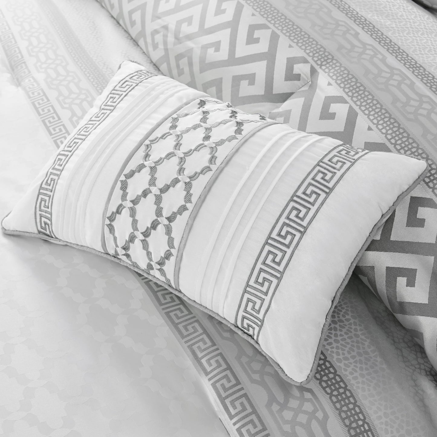 Madison Park Luxury Comforter Set-Traditional Jacquard Design All Season Down Alternative Bedding, Matching Bedskirt, Decorative Pillows, Queen(90"x90"), Bennett, Geometric Grey 7 Piece