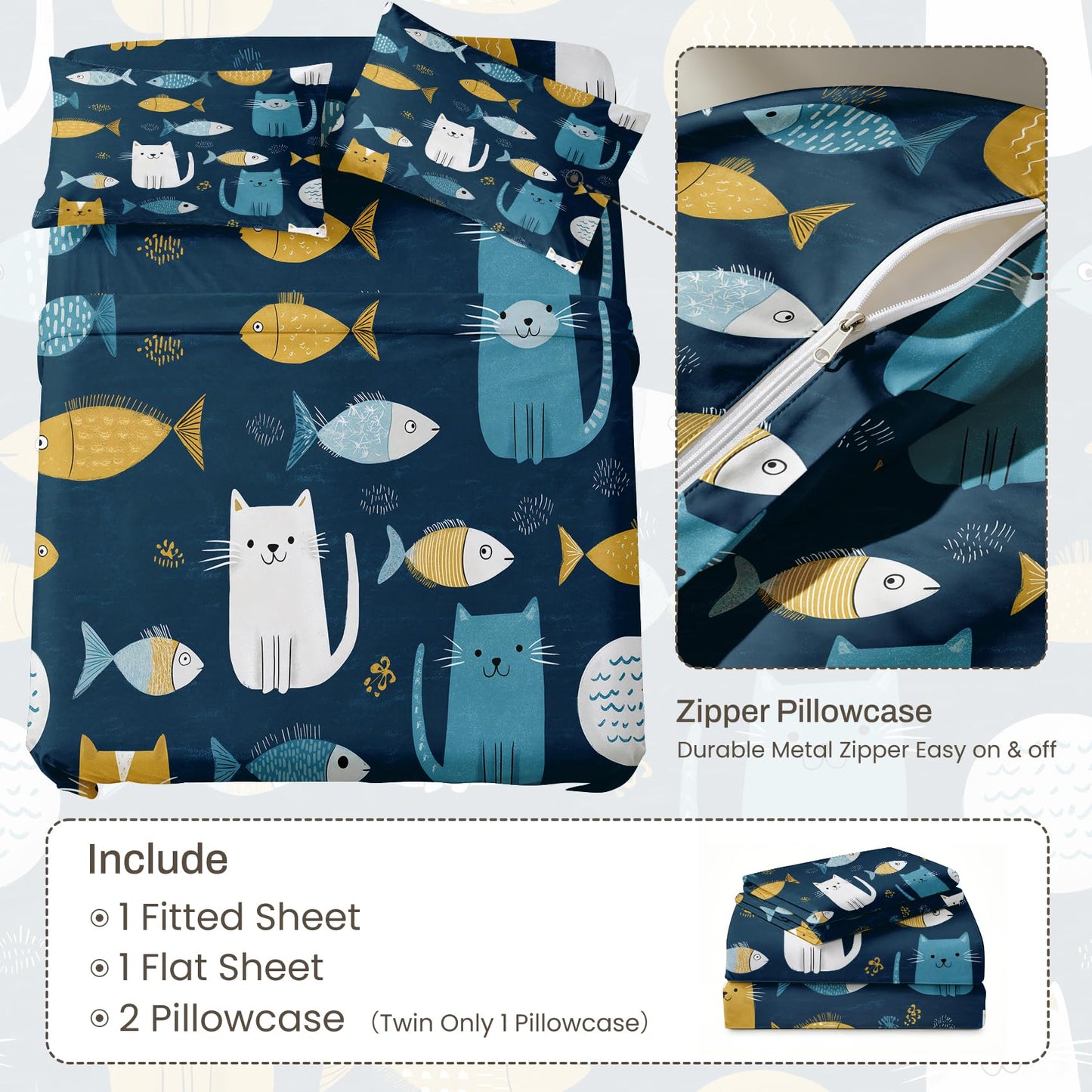 Cat and Fish Twin Bedding Set Kids Kitten Sheet Sets, Blue