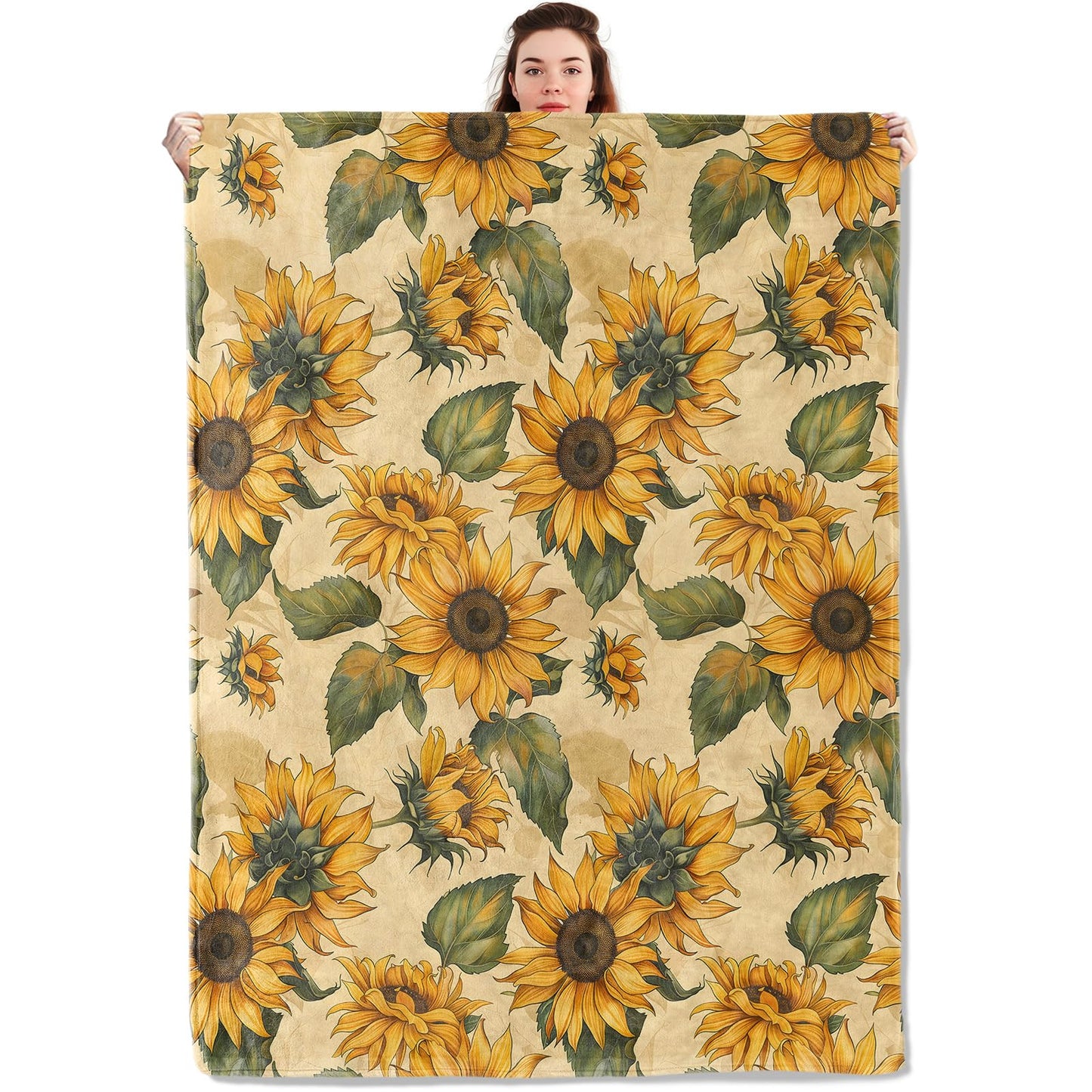 qxfqxf Vibrant Sunflower Blanket Lightweight Blankets Gifts for Women Flannel Throw with Floral and Green Leaves on Warm Beige Background Printed for Sofa, Bed, Travel, Decor Throws 60x50 Inch