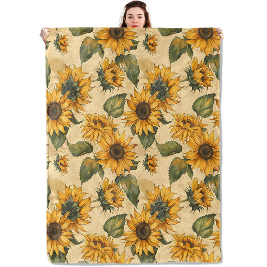 qxfqxf Vibrant Sunflower Blanket Lightweight Blankets Gifts for Women Flannel Throw with Floral and Green Leaves on Warm Beige Background Printed for Sofa, Bed, Travel, Decor Throws 60x50 Inch