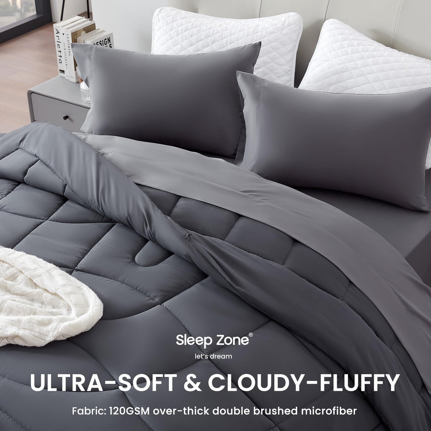 SLEEP ZONE Comforter Duvet Insert, Queen Size Quilted Reversible Comforters, Soft All Season Duvet, Down Alternative Breathable Bedding with 8 tabs, 2 Sides Dark Gray 88 x 88 Inches