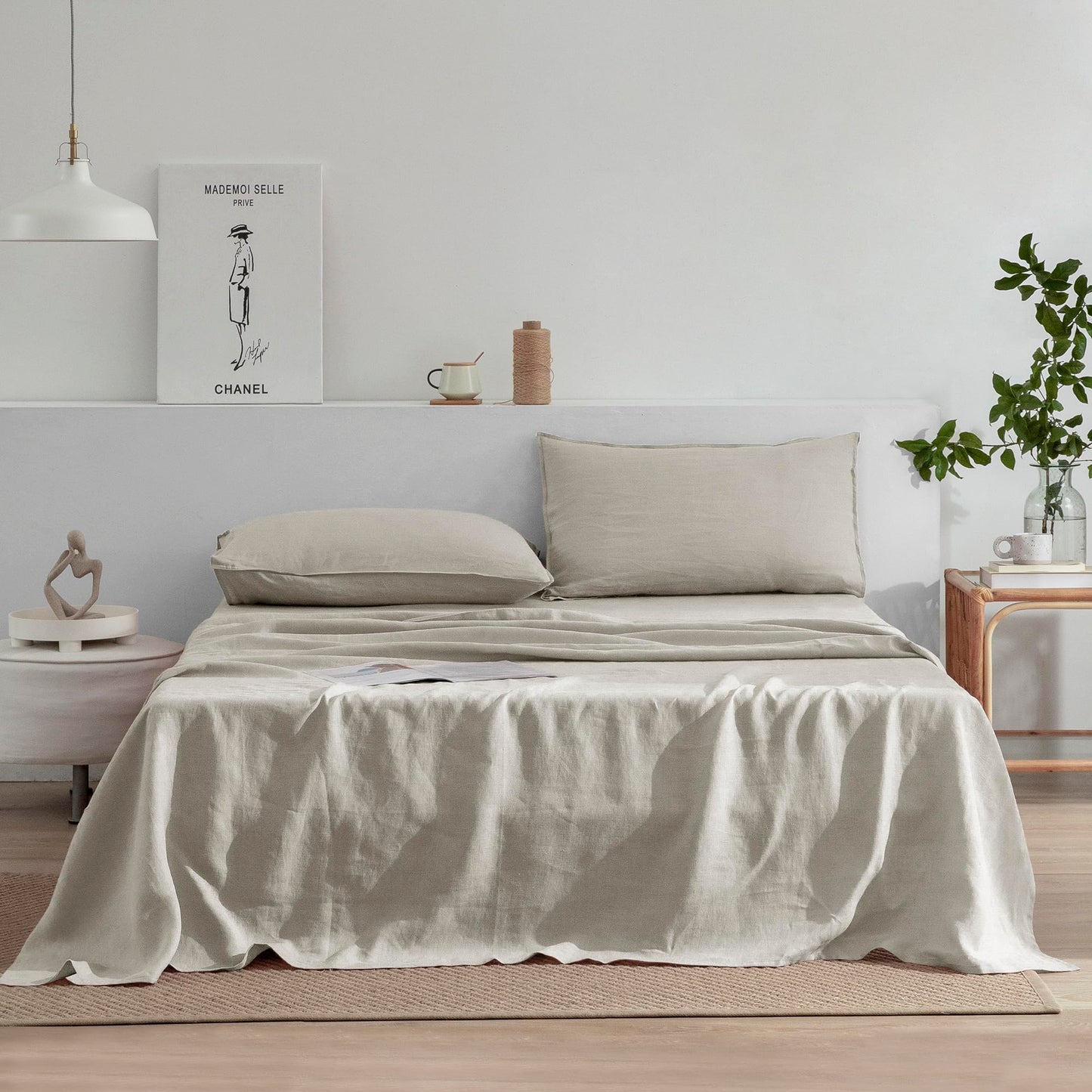 EVERLY Linen Sheets Set Twin Size,100% French Pure Linen Sheets Set,3Pieces (1Flat Sheet,1Fitted Sheet,1Pillowcase) Suitable for Hot Sleepers, Stonewash Not Dyed Deep Pocket Natural Linen Bedding Set