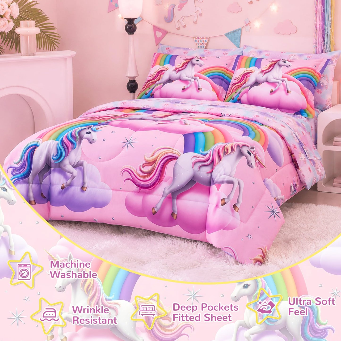 Viviland Kids Full Bedding Sets for Girls, Soft Full Comforter Set with Sheets, 7 Pieces Microfiber Bed in a Bag, White Unicorn Pink Cloud Rainbow