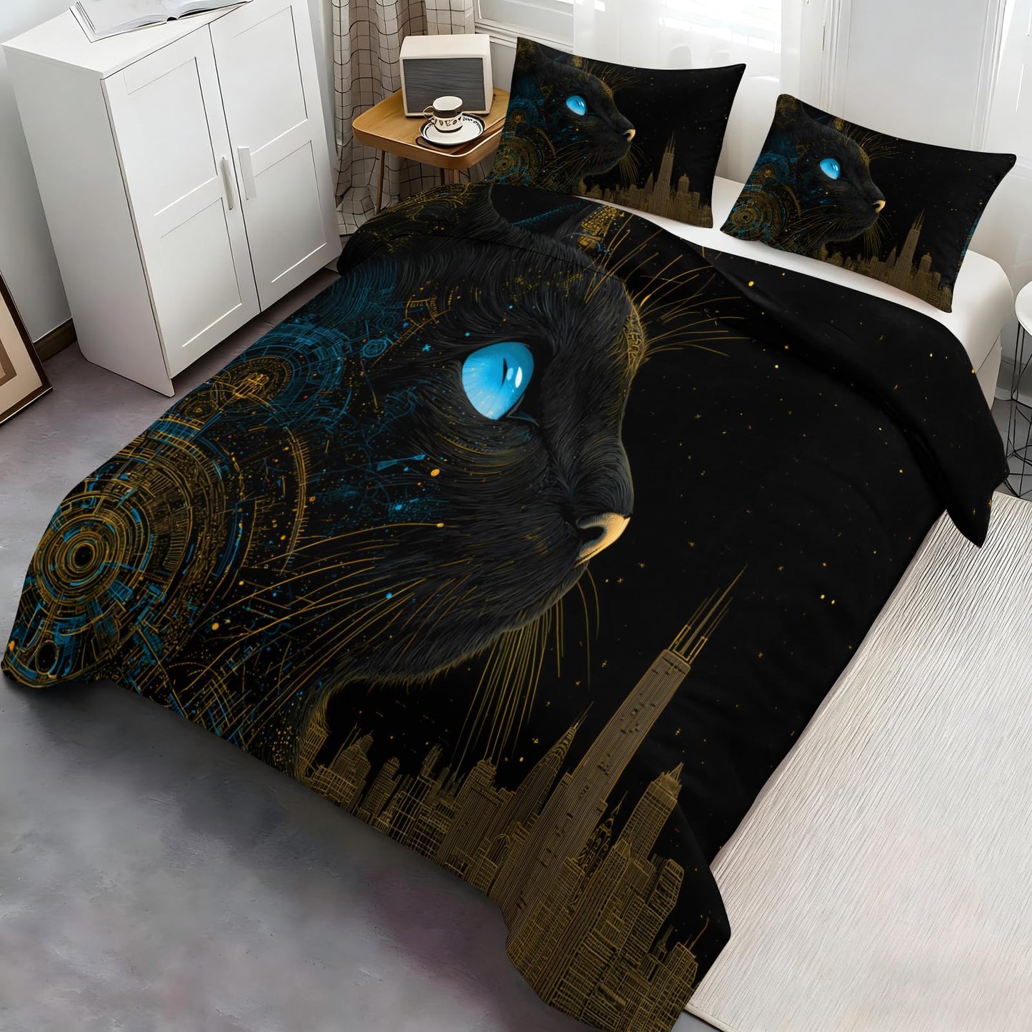 Black Cat Duvet Cover Twin Size Kids, Tech Art City Skyline Bedding Set Bedroom Decorative 3 Pieces Reversible for Teen Adult, Starry Night Sky Comforter Cover Lightweight Soft with 2 Pillowcases