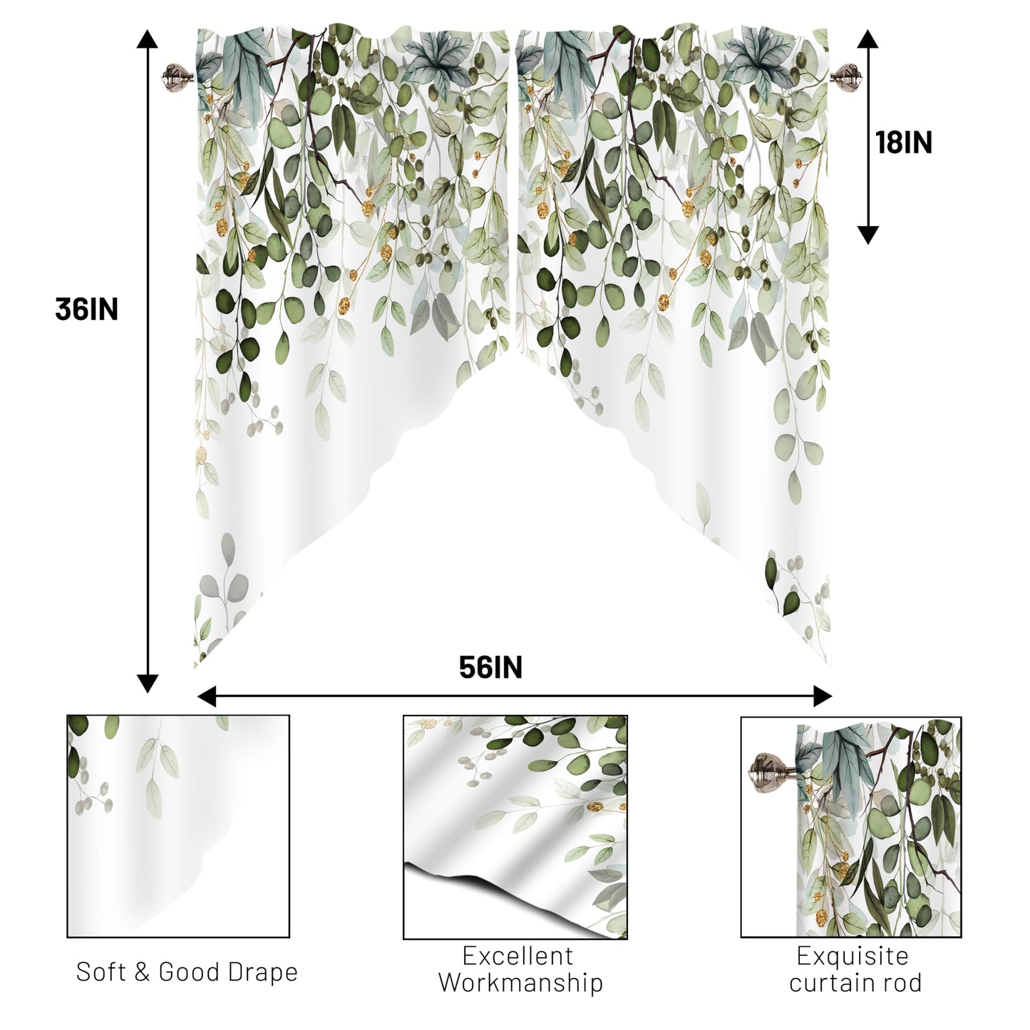 AYTTBIS Sage Green Eucalyptus Swag Curtain Valance for Windows,Watercolor Leaves Window Treatments Short Swag Topper for Kitchen Windows Bathroom Bedroom,28 x 36 Inch