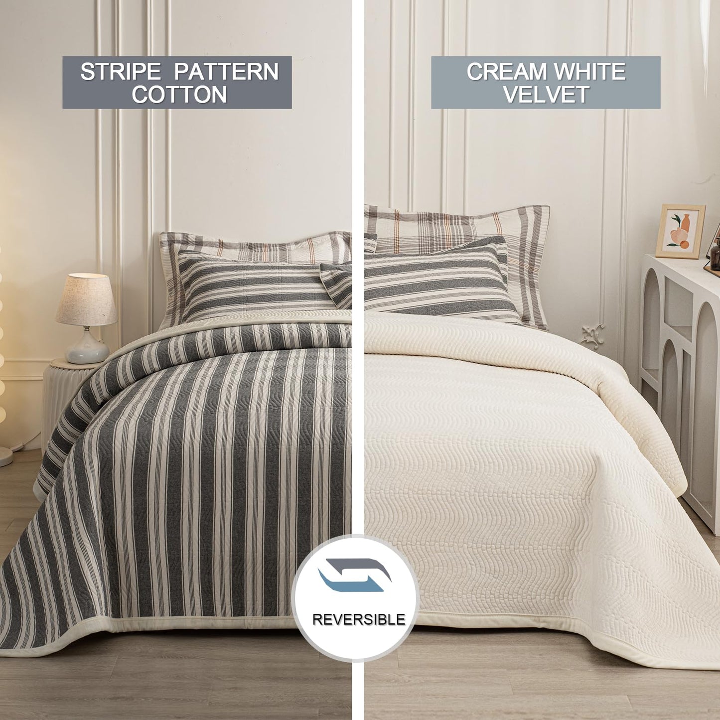 tohrisa Cotton Striped Quilt Set, Ultra Soft 3 Pieces King Size Bedding with 2 Pillow Shams, Lightweight Reversible Coverlet Bedspread with Wave Quilting for Summer, 108"x96", Stripe-Grey White