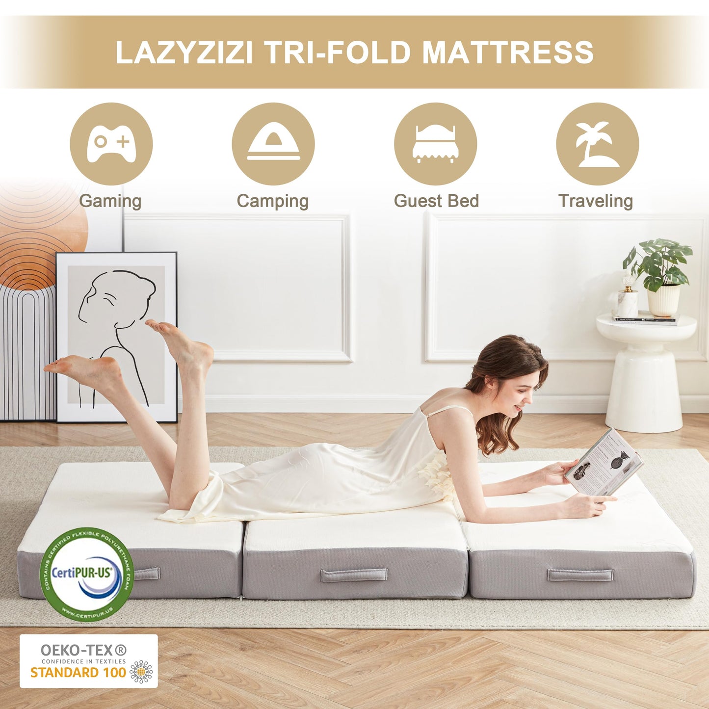 Lazyzizi Folding Mattress, 6 Inch Single Memory Foam Tri-fold Mattress with Breathable & Washable Bamboo Fiber Fabric Cover, Foldable Floor Guest Bed for Camping, Road Trip, 75“*25”