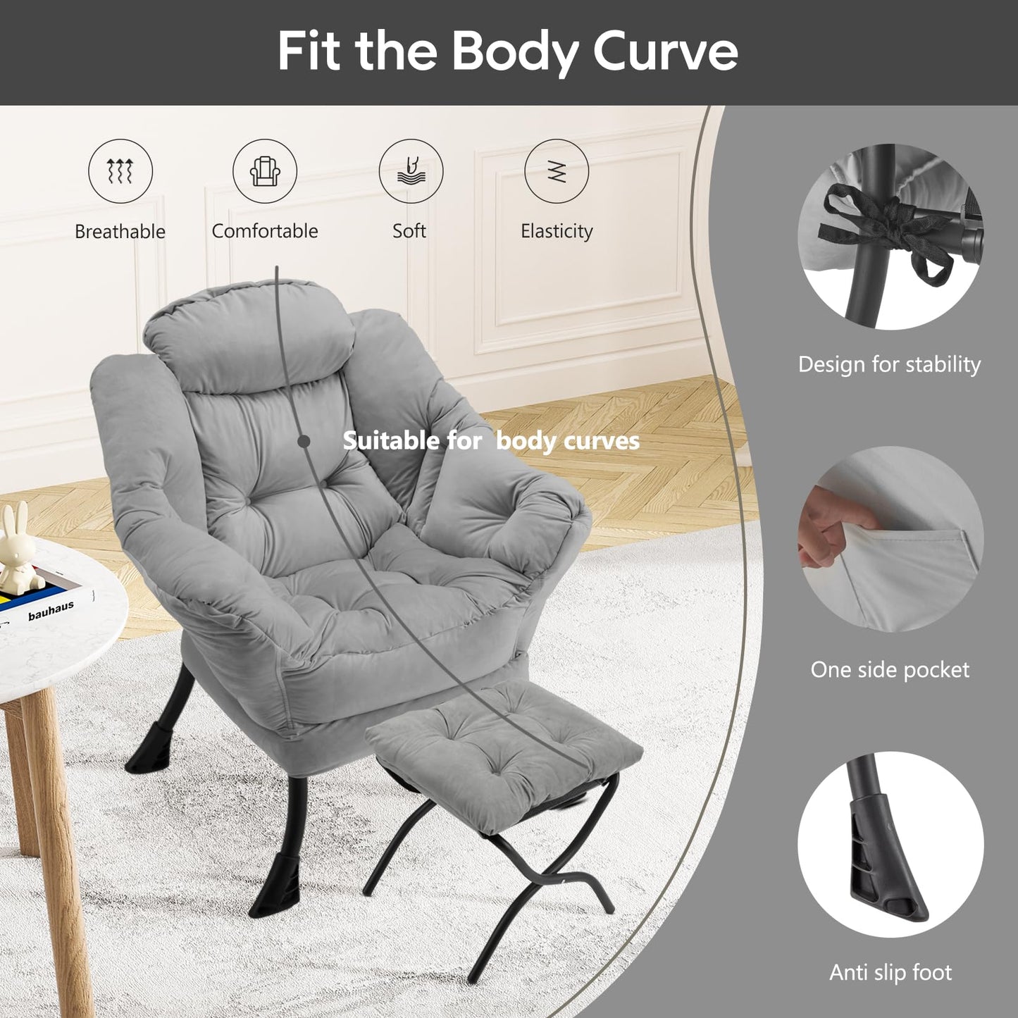 Congermom Lazy Chair with Folding Ottoman Modern Large Accent Chair,Contemporary Lounge Leisure Sofa Chair with Armrests Upholstered Sofa Armchair Reading Chair for Bedroom,Dorm&Office (Light Grey-f)