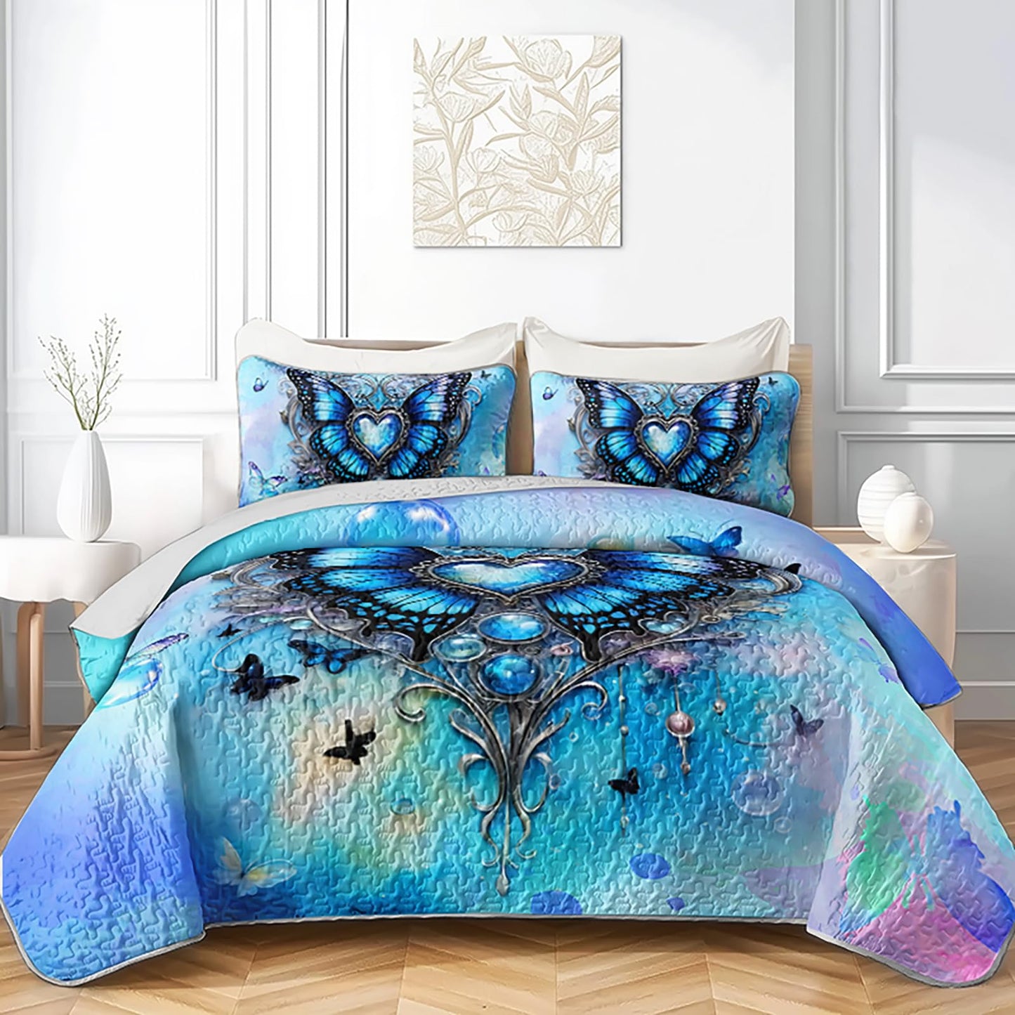 QOOMO Cartoon Butterfly Kids Quilt Set,Dreamy Bubbles Print Bedding Set Twin Size,Blue Room Decoration Soft and Lightweight for All Seasons,1 Quilt Set 2 Pillowcases