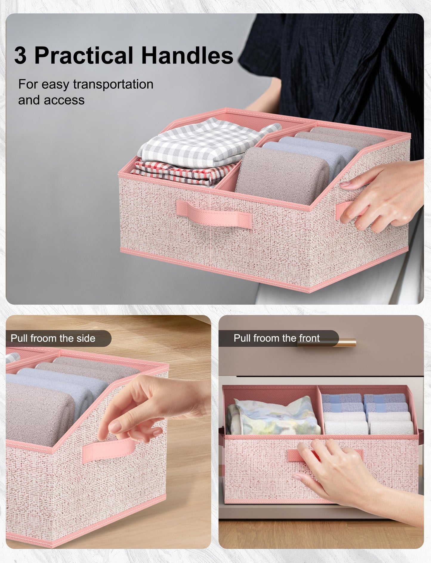 Wrrlors Fabric Wardrobe Storage Bins -6 Pack， Large Pink Foldable With Handles And Dividers Trapezoidal Wardrobe Storage Boxes, Suitable For Storing Clothes, Books, Wallets, Toys, Etc.