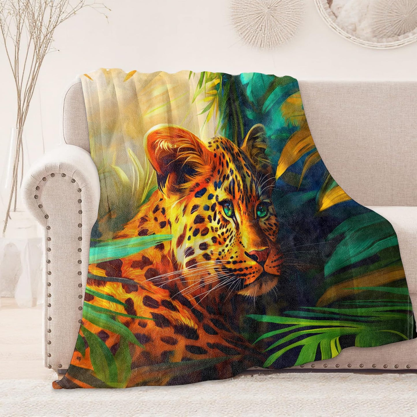 onlcuk Leopard Blanket, Cozy Flannel Tropical Jungle Botanical Blankets, All Season Soft Throw for Travel Home Decor, Lightweight Sofa Bed Throws, Gifts for Men Boys Animal Lovers, 50"×60"