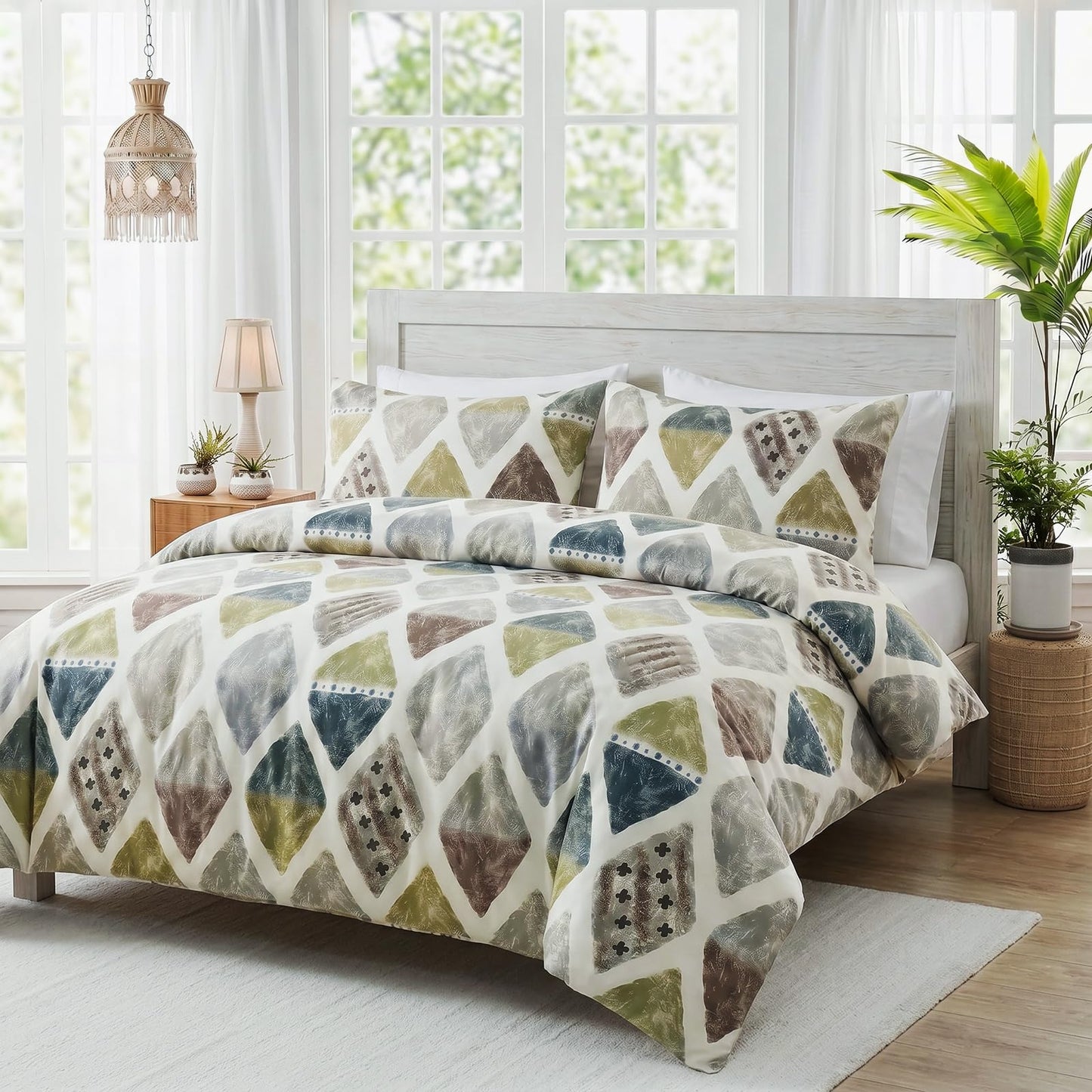 Cozaline 100% Cotton Duvet Cover Set Queen – Green Geometric Bedding Set 3 Pieces, Soft Lightweight Comforter Cover with Zipper Closure, Contemporary Color Aesthetic Bed Set