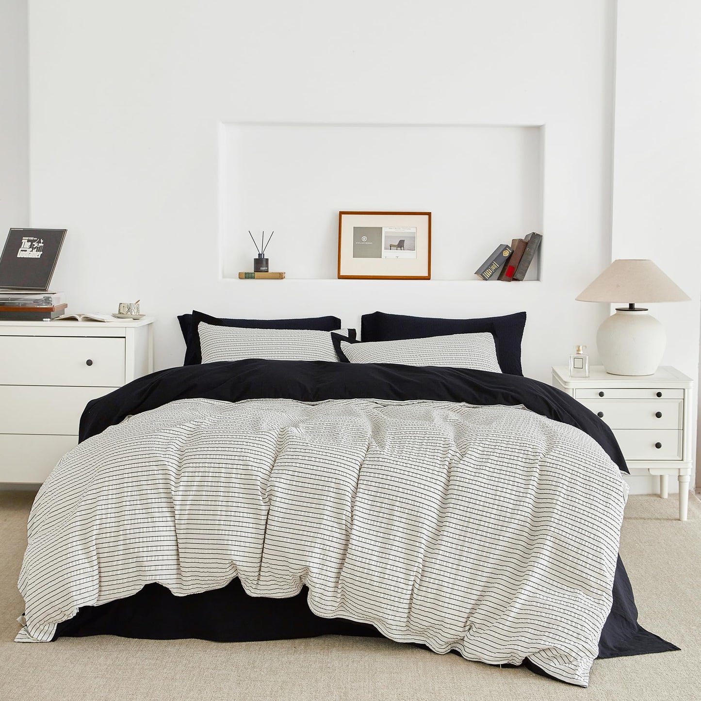 SUSYBAO Black White Striped Duvet Cover Queen 100% Cotton 3 Pcs Set 1 White Seersucker Duvet Cover with Zipper Ties 2 Pillow Shams Washed Cotton Textured Black Stripe Bedding Set Soft