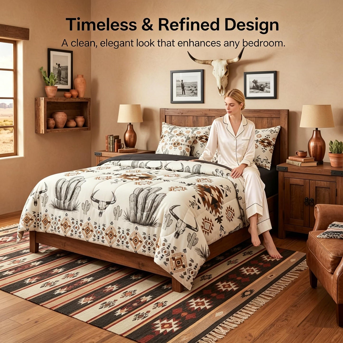 Erosebridal Western Aztec Bedding Set King Rustic Country Southwestern Comforter Set 7 Piece Boho Tribal Geometric Ethnic Bull Skull Bed in A Bag Vintage Native American Quilt with Flat Fitted Sheet