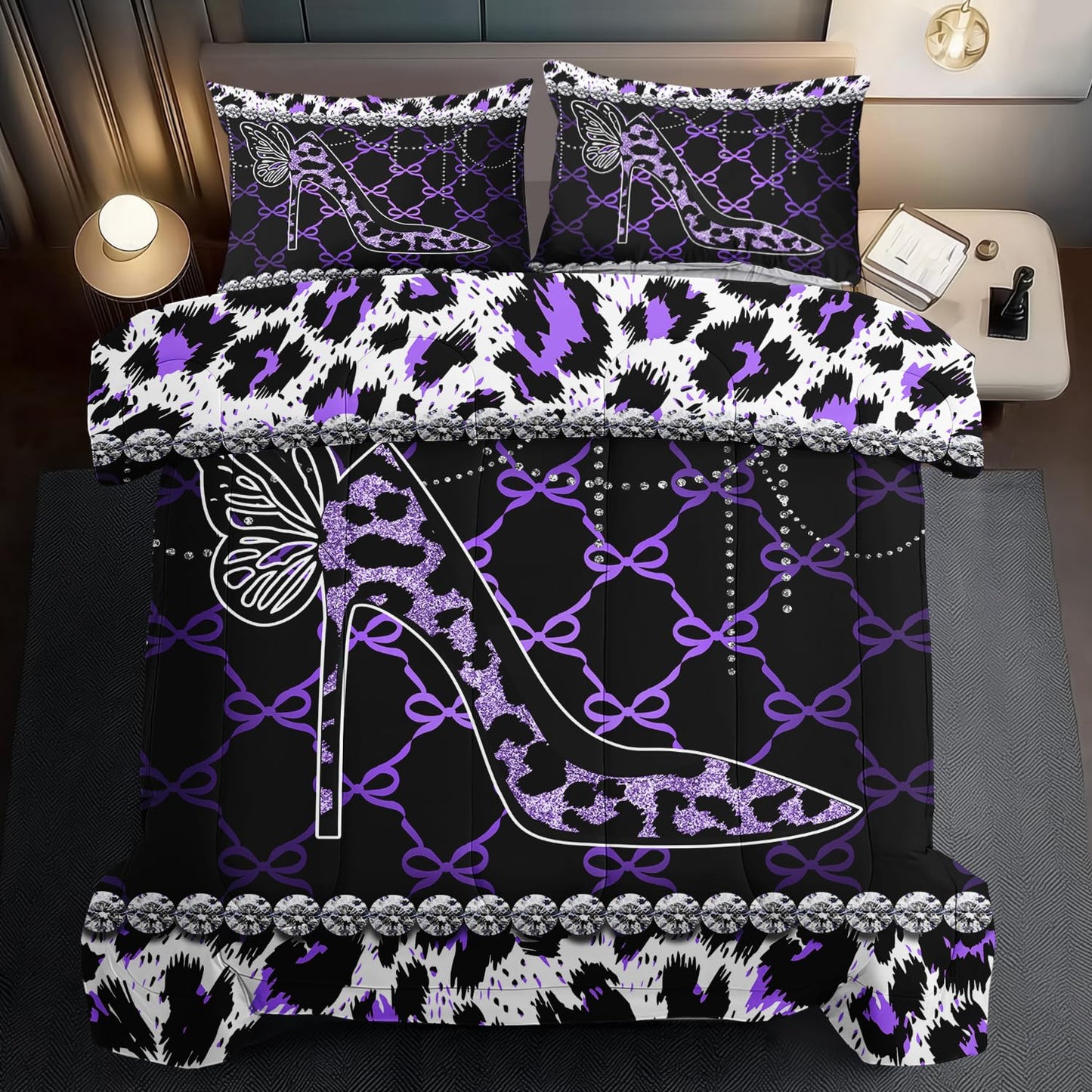 llyxsesty Purple Cheetah Print Comforter Set King Women Sexy High Heels Leopard Print Bedding Set Girls High Heels Leopard Comforter Quilt Animal Bedroom Decor Cheetah Bedding Bed Decor