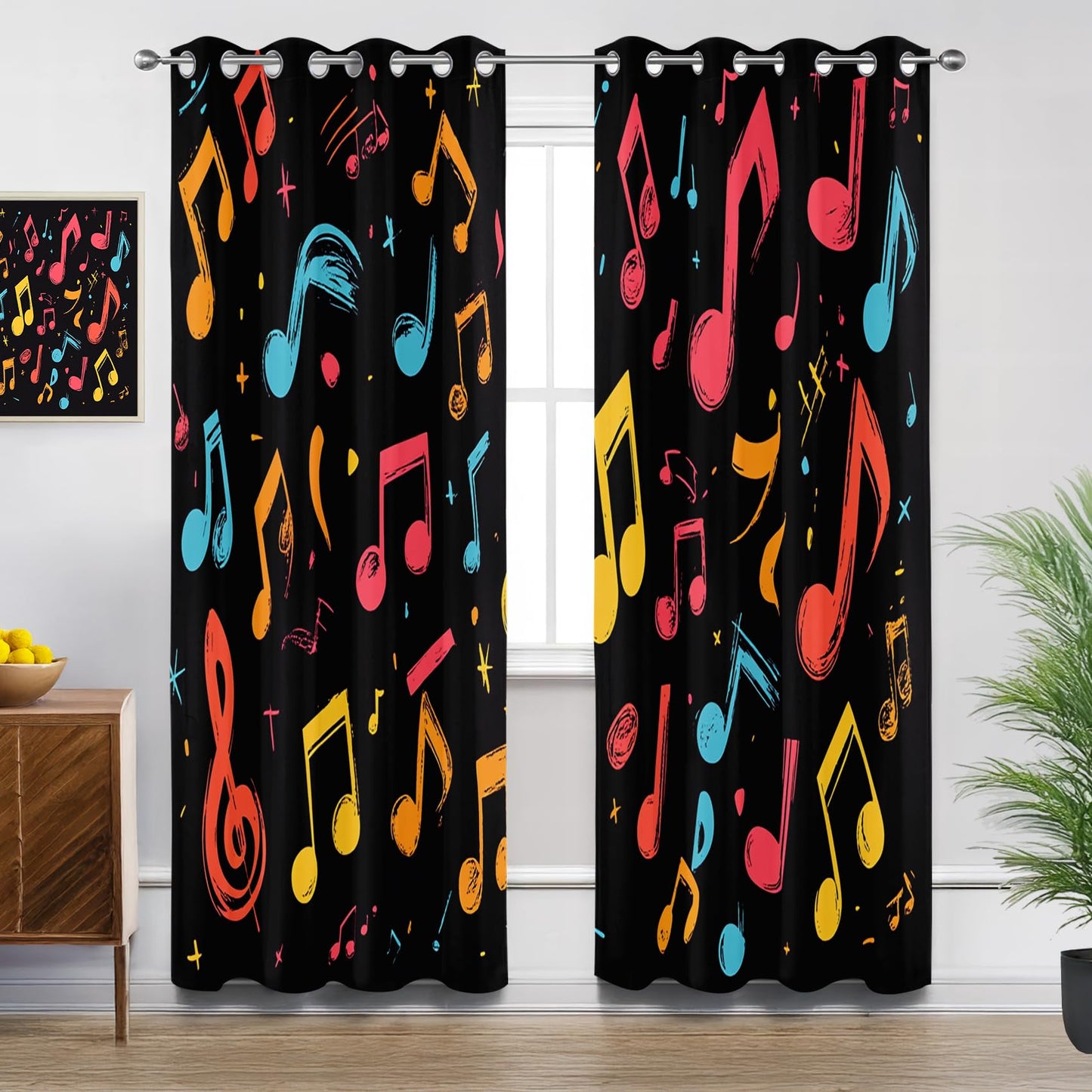 Music Curtains Blackout, Colorful Musical Note Patterned Curtains 63 Inch Length 2 Panels Set, Room Darkening Thermal Insulated Grommet Drapes for Bedroom Living Room