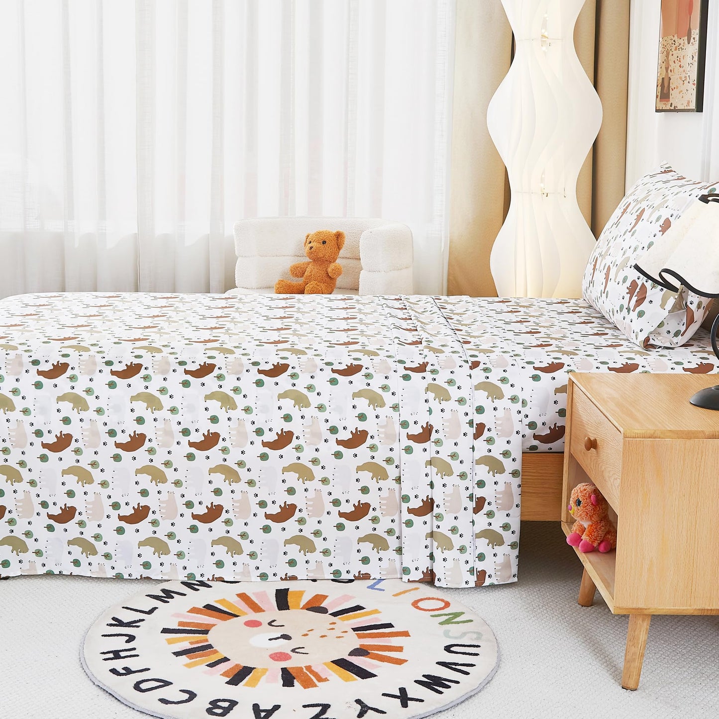 lasoftan Kids Sheet Set Twin Size, Twin Sheet Set with Forest Bear Pattern，Breathable Silky Soft Microfiber Kids Fitted Sheet