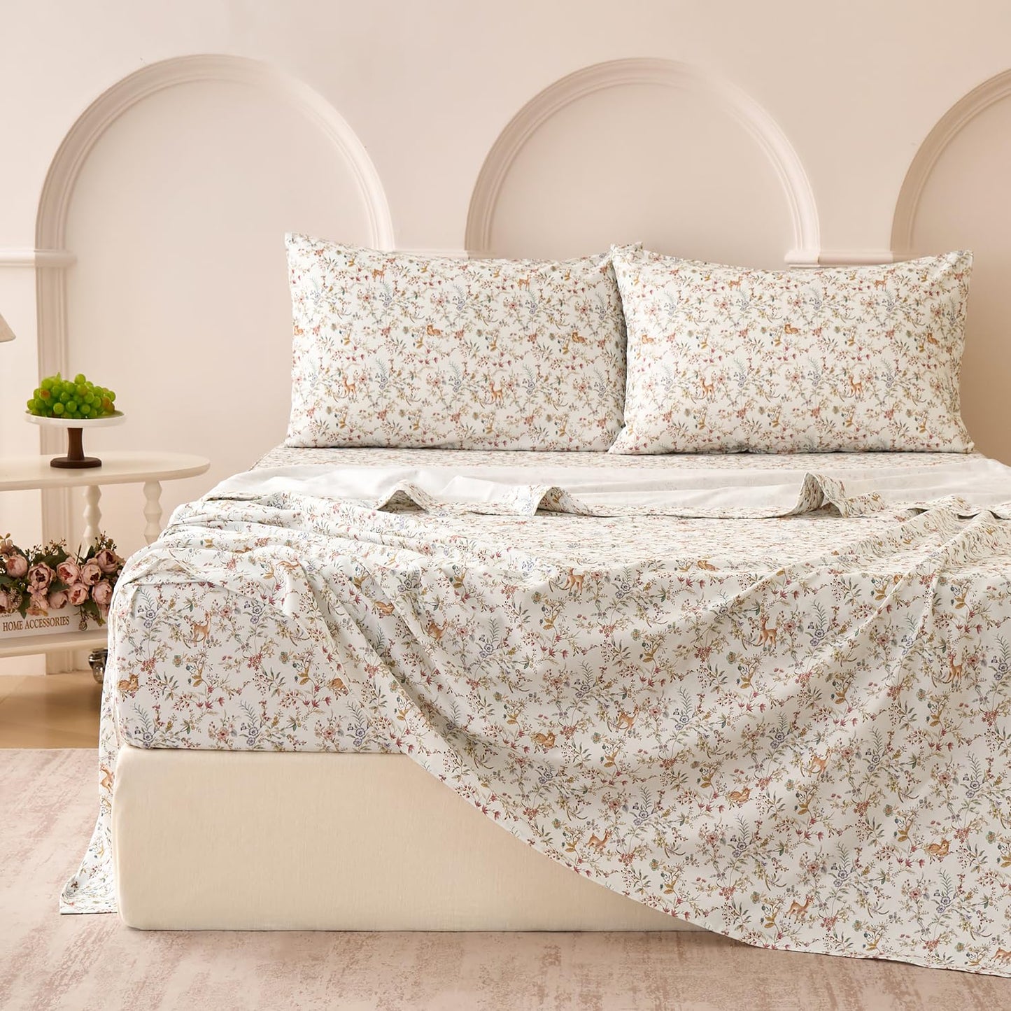 Huborise Orange King Size Sheet Set 100% Cotton Flannel-Like Warm Luxury Animal & Floral Bed Sheets 4Pc Deep Pocket 17.5", Double Brushed Extra Soft Breathable, Fall/Winter French Country Bedding