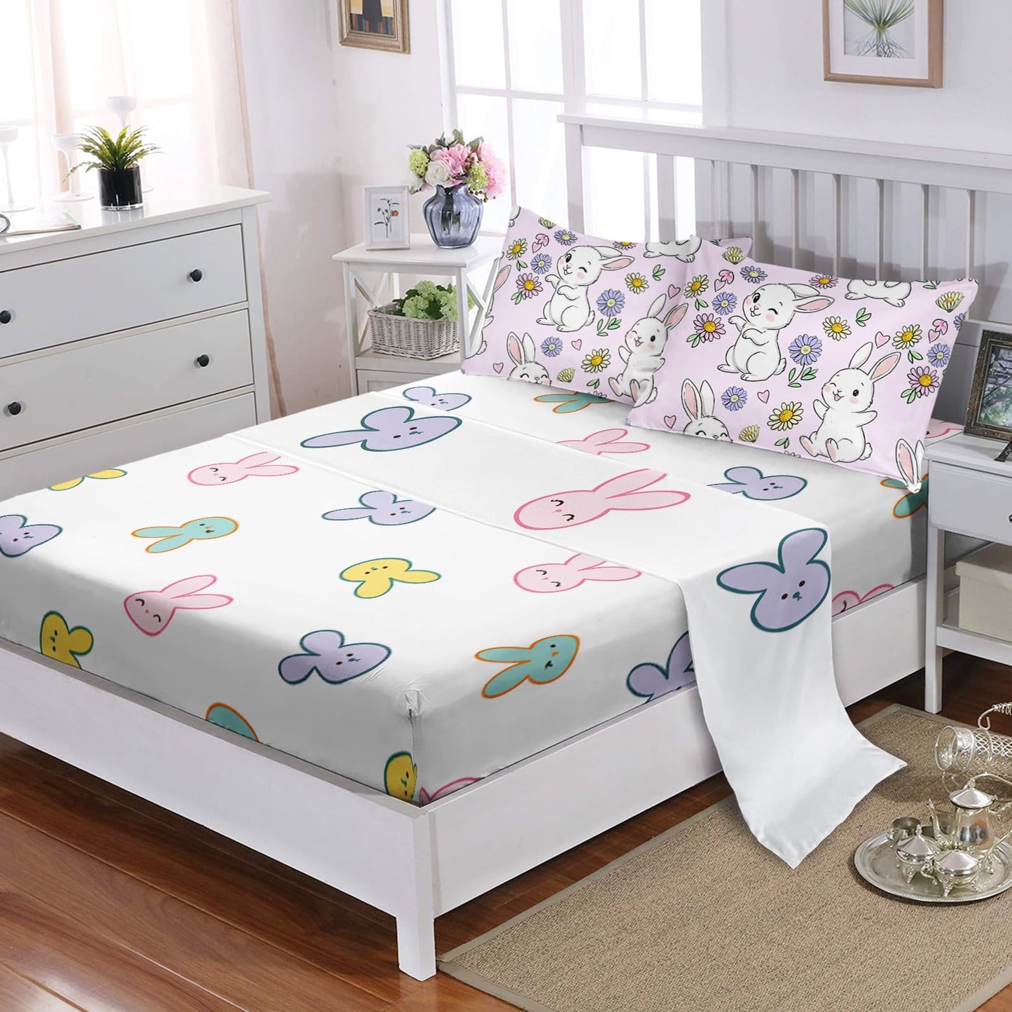 AILONEN Floral Rabbit Comforter Set Twin Size,7-Piece Soft Bed in a Bag, Cute Bunny Kawaii Comforter & Fitted Sheet & Flat Sheet & 2 Pillowcases,2 Pillow Shams