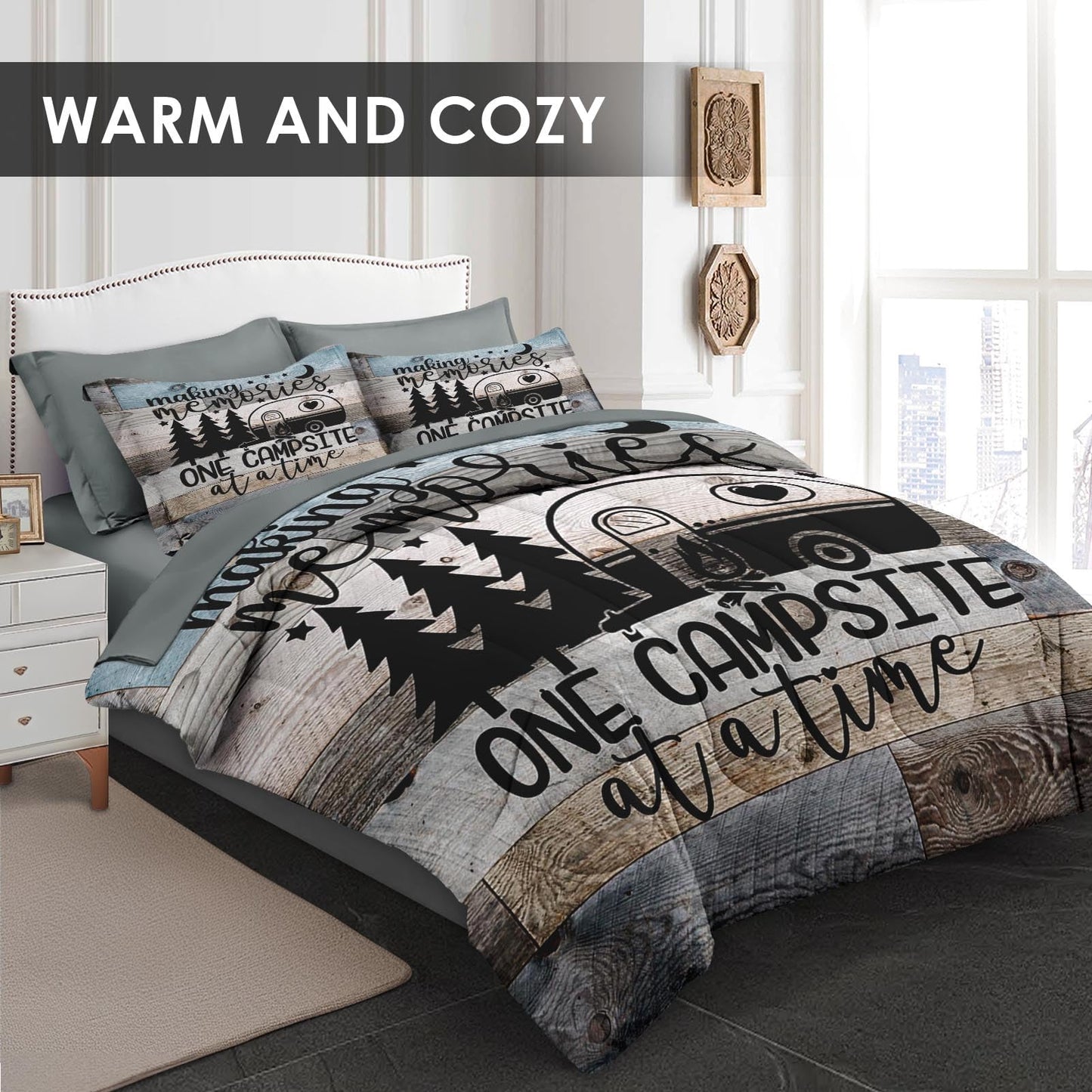 WeCozy 7 Pcs Queen Size Comforter Set with 2 Pillowcases & 2 Shams, Retro Wood Camp Camper Bedding Set for Kids and Adults, Inspirational Motivational Bed in a Bag with Flat Sheet and Fitted Sheet