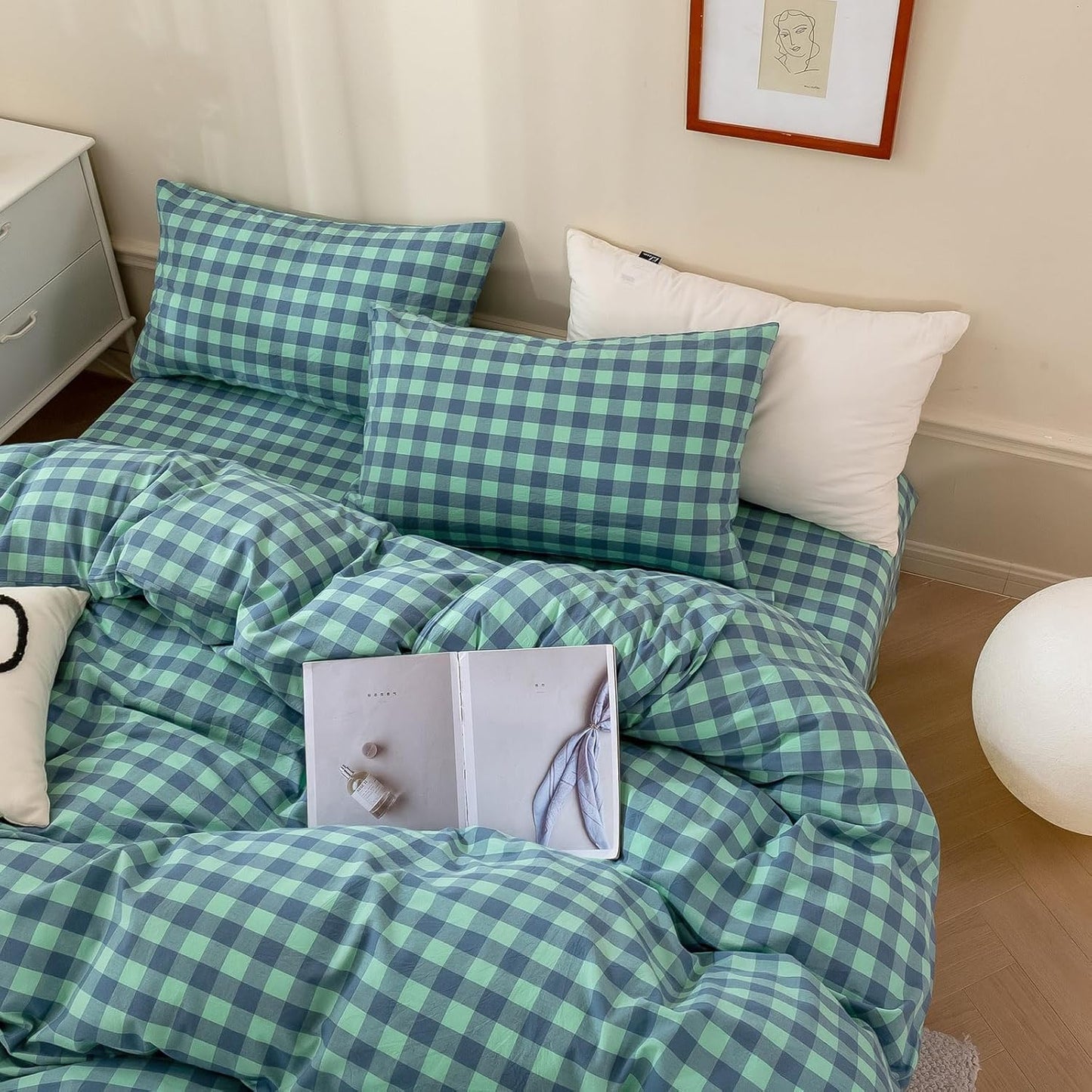 mixinni Green Gingham Grid Duvet Cover Queen, 100% Washed Cotton Modern Geometric Bedding Set with 2 Pillowcases, Farmhouse Style Blue Plaid Comforter Cover Set for Men & Women, Soft & Lightweight
