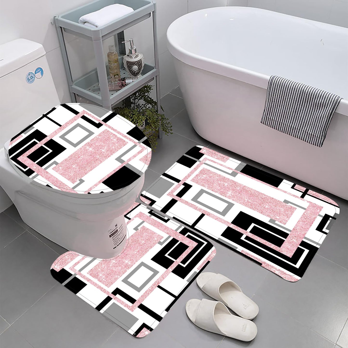 Yddsky 4 Pcs Pink Geometric Shower Curtain Sets Non-Slip Bath Rugs, Bathroom Accessories,Bathroom Sets with Shower Curtain and Rugs, Pink Geometric Modern Bathroom Decor with 12 Hooks