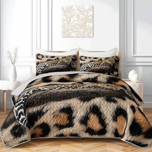 AILONEN Leopard Print Quillt Set King Size,Safari Cheetah Black Brown Bedspread Coverlet for Boys Men,Western Bedding Print Quilt,2 Pillowcases,3-Piece