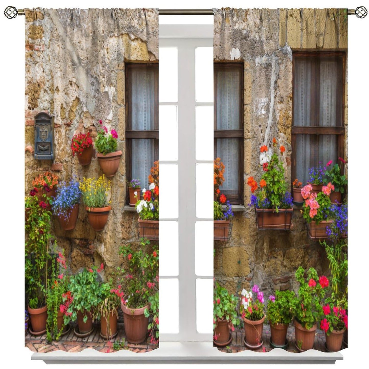 DDCBNS ltalian Style Curtains Old Stone Wall Flowers Printed Window Treatments for Bedroom Living Room Kitchen Café European Town Scenery Décor Drapes 2 Panel Sets Total Size 42" x 45"