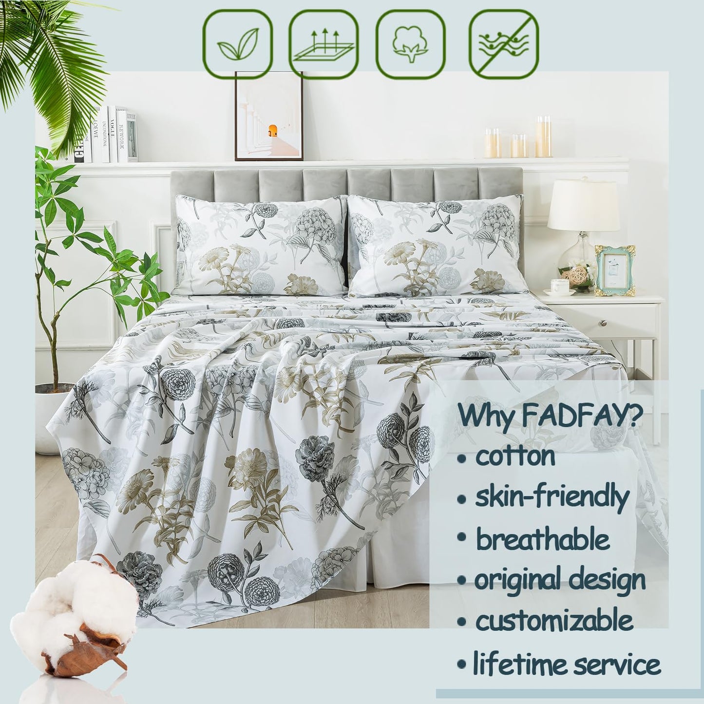 FADFAY Queen Sheets Set Percale Cotton Grey Floral Bed Sheets Deep Pocket Fitted Sheet, Luxury Ink Vintage Grey Hydrangea Printed Shabby White Bedding for All Season, Super Soft Crisp & Cool, 4 Pcs